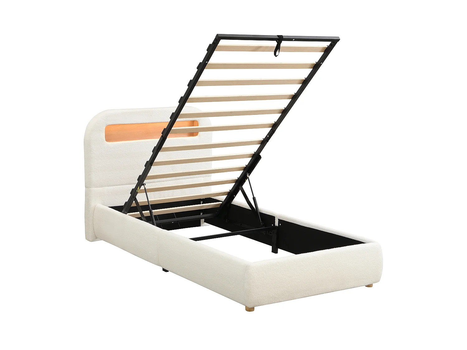 lit enfant rembourré 90x200 cm avec coffre de rangement - avec éclairage LED - Pieds en bois - Bouclé - Blanc (sans matelas)