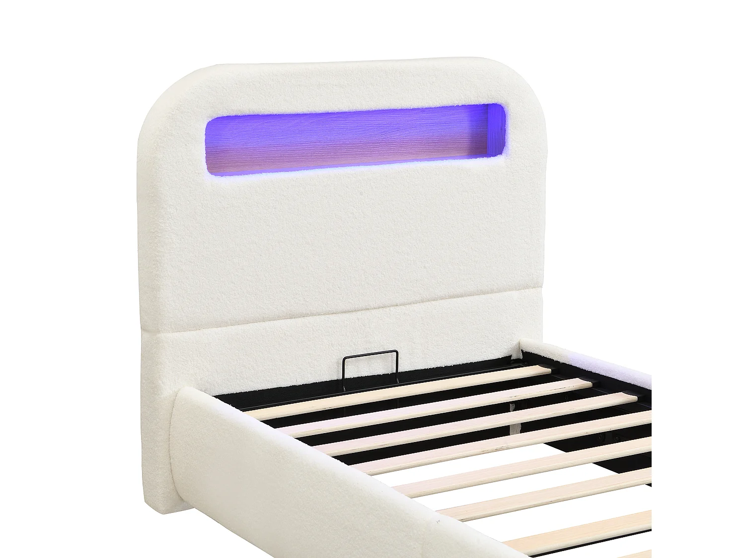 lit enfant rembourré 90x200 cm avec coffre de rangement - avec éclairage LED - Pieds en bois - Bouclé - Blanc (sans matelas)
