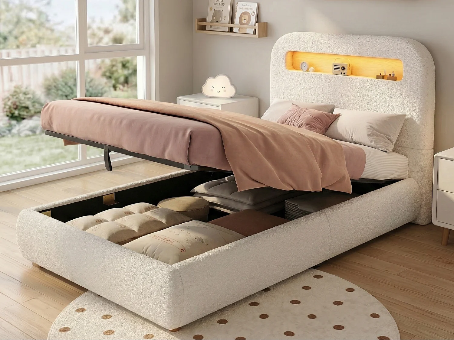 lit enfant rembourré 90x200 cm avec coffre de rangement - avec éclairage LED - Pieds en bois - Bouclé - Blanc (sans matelas)