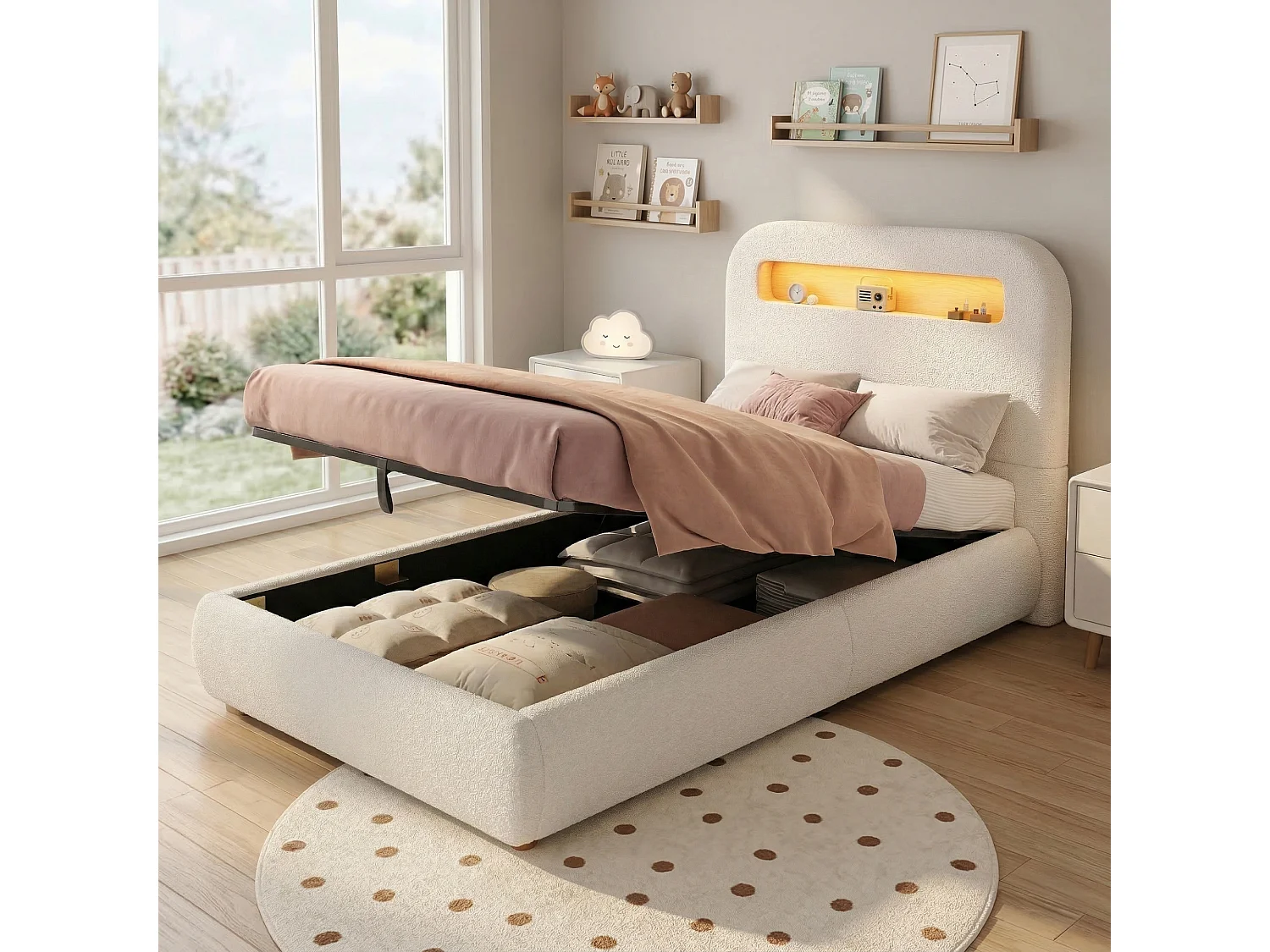 Lit coffre hydraulique rembourré - 90 x 200 cm - avec tête de lit de rangement + Leds - bouclé - blanc