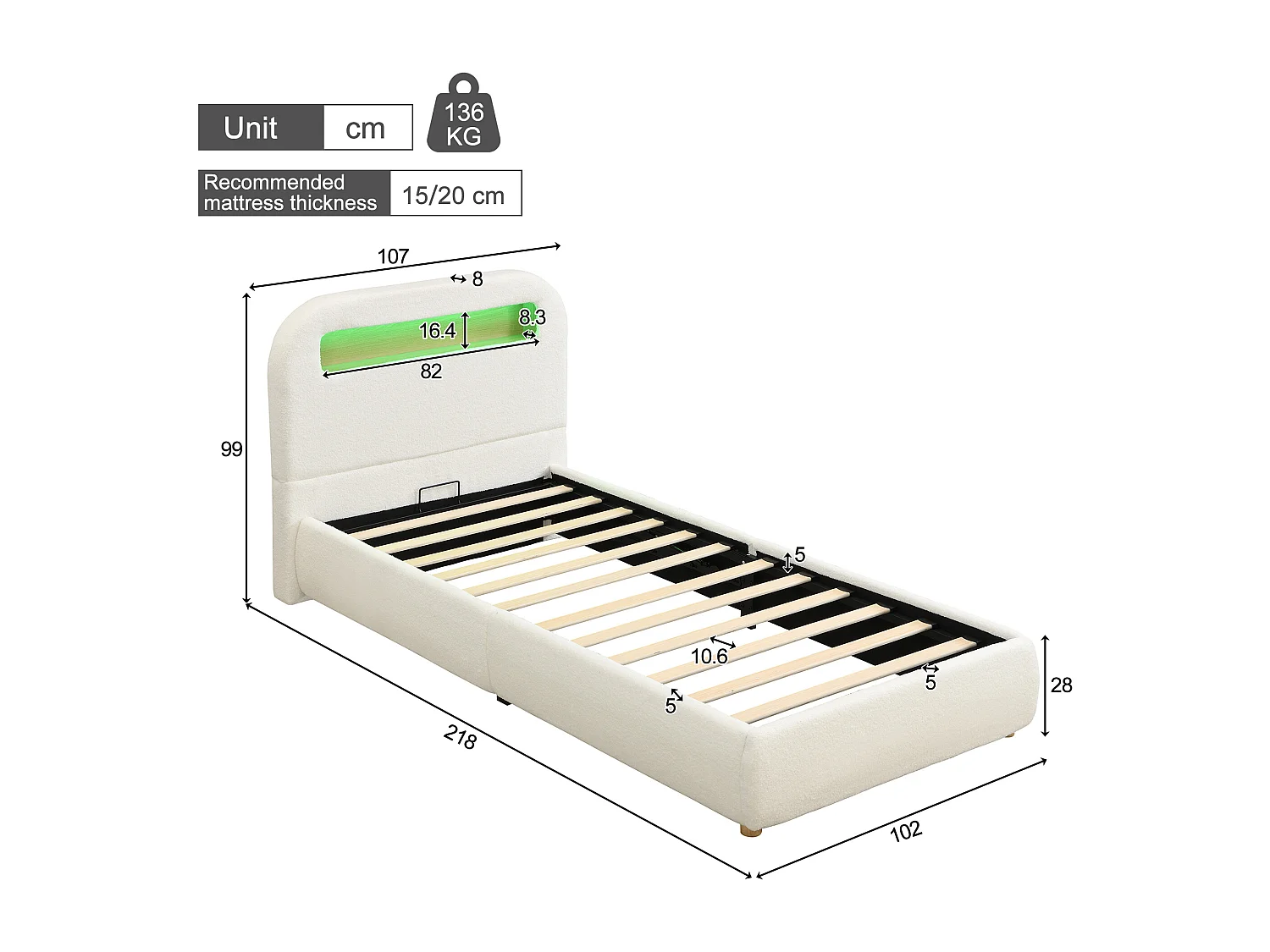 Lit coffre hydraulique rembourré - 90 x 200 cm - avec tête de lit de rangement + Leds - bouclé - blanc