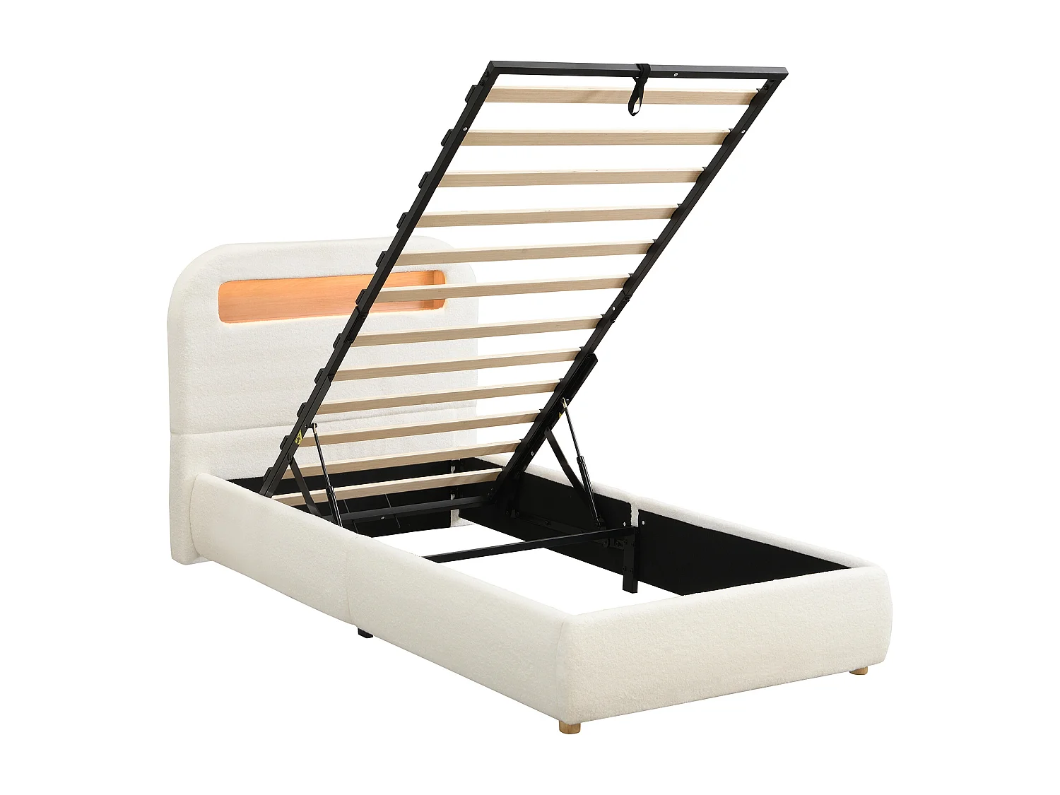 Lit coffre hydraulique rembourré - 90 x 200 cm - avec tête de lit de rangement + Leds - bouclé - blanc