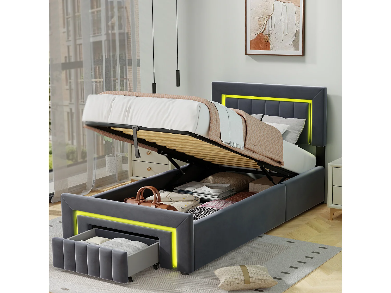 Lit coffre enfant 90x200 cm avec éclairage LED et tiroir - Lit simple en velours gris