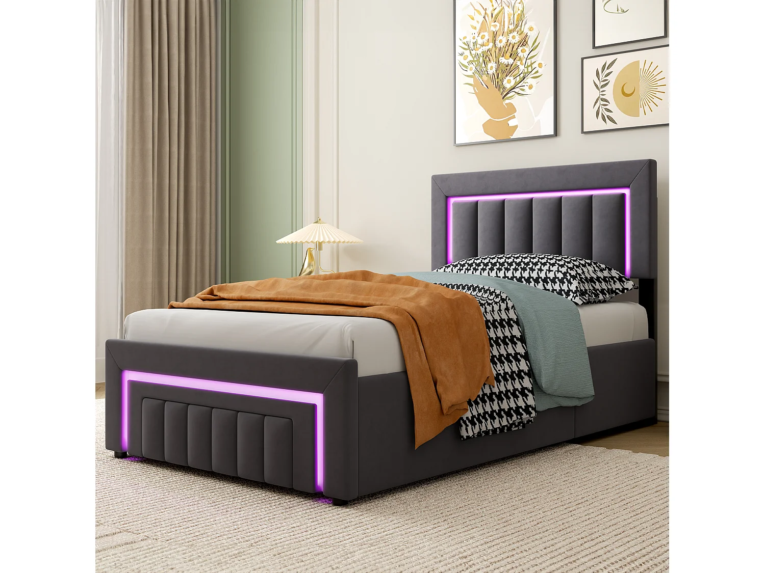 Lit coffre enfant 90x200 cm avec éclairage LED et tiroir - Lit simple en velours gris