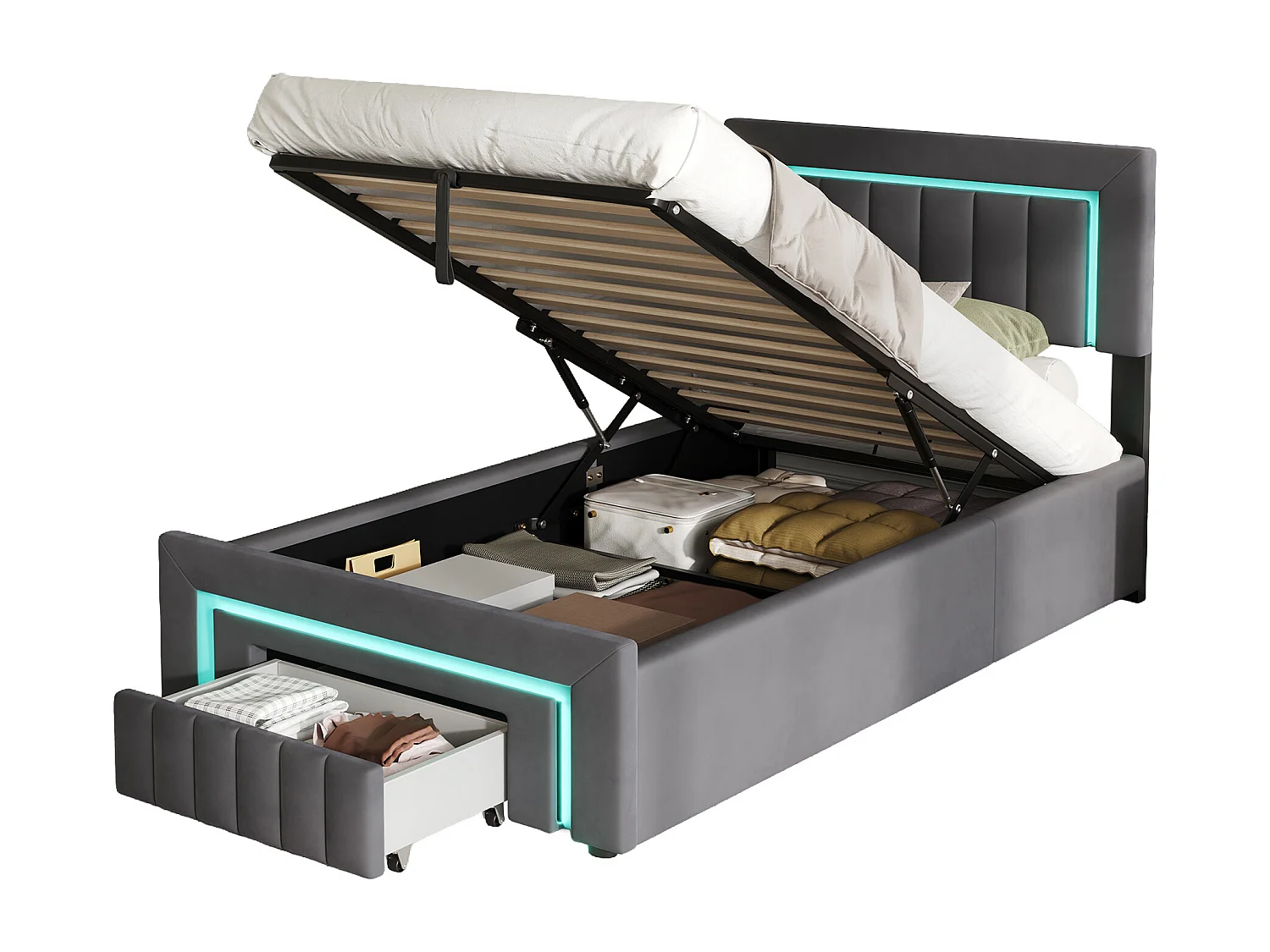 Lit coffre enfant 90x200 cm avec éclairage LED et tiroir - Lit simple en velours gris