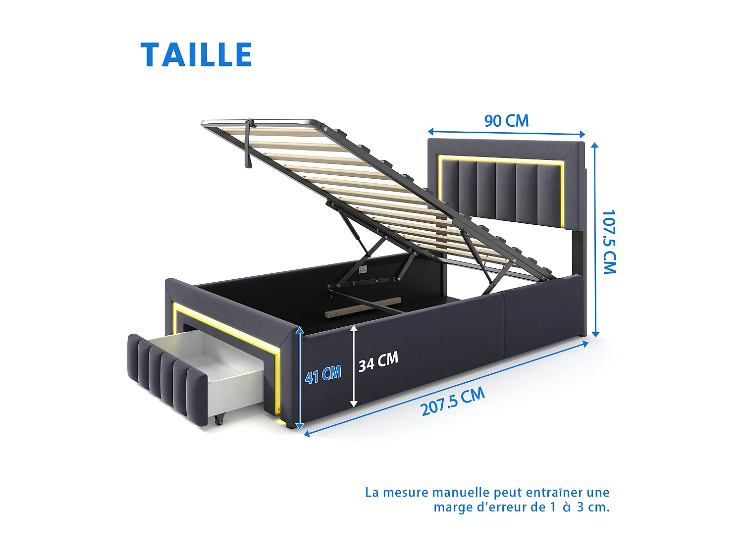 Lit coffre enfant 90x200 cm avec éclairage LED et tiroir - Lit simple en velours gris