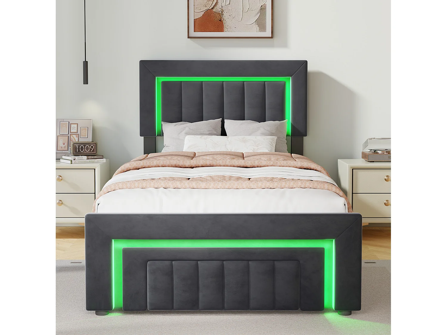 Lit coffre enfant 90x200 cm avec éclairage LED et tiroir - Lit simple en velours gris