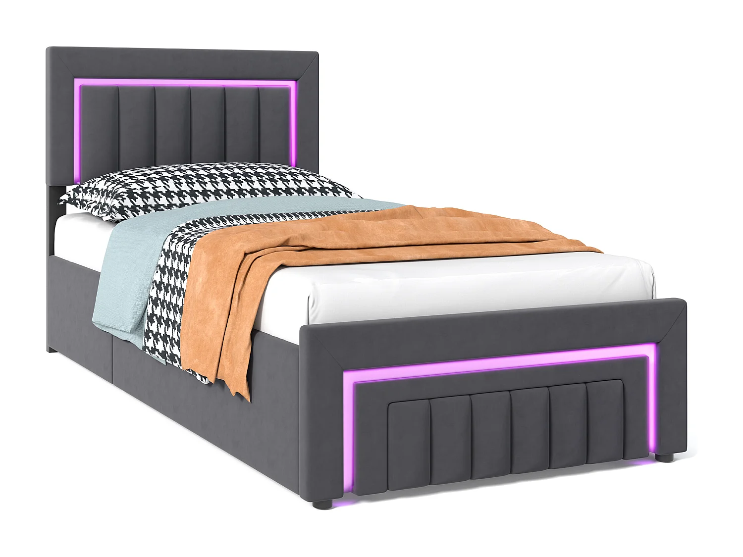 Lit coffre enfant 90x200 cm avec éclairage LED et tiroir - Lit simple en velours gris