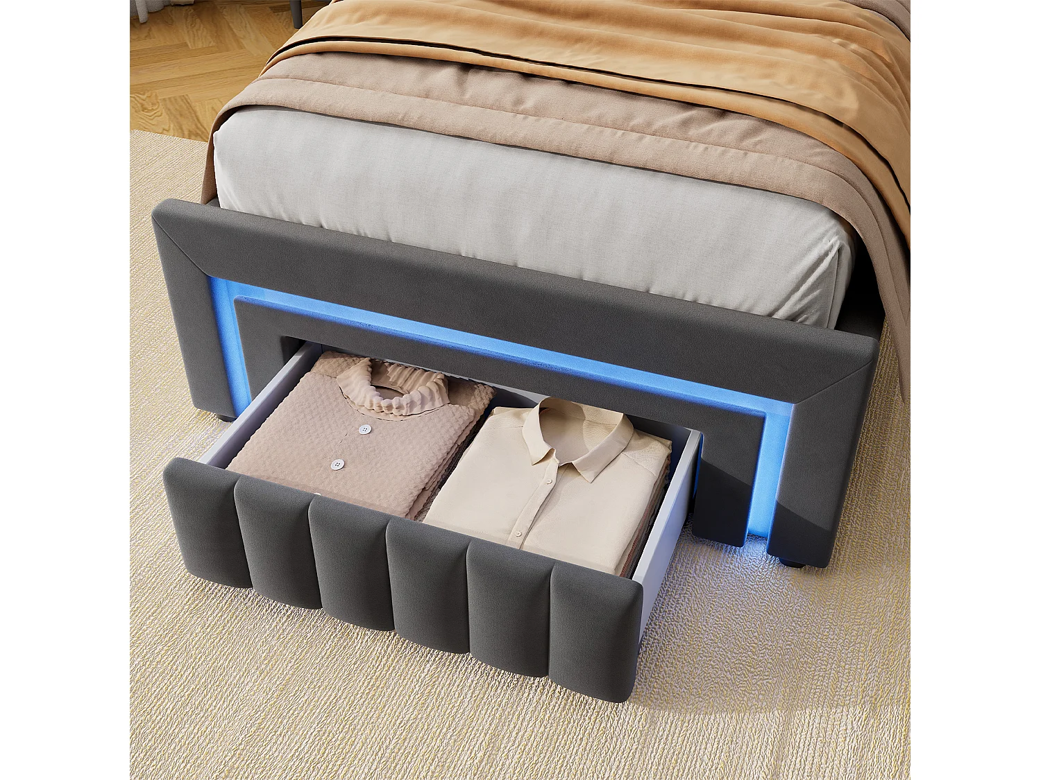 Lit coffre enfant 90x200 cm avec éclairage LED et tiroir - Lit simple en velours gris