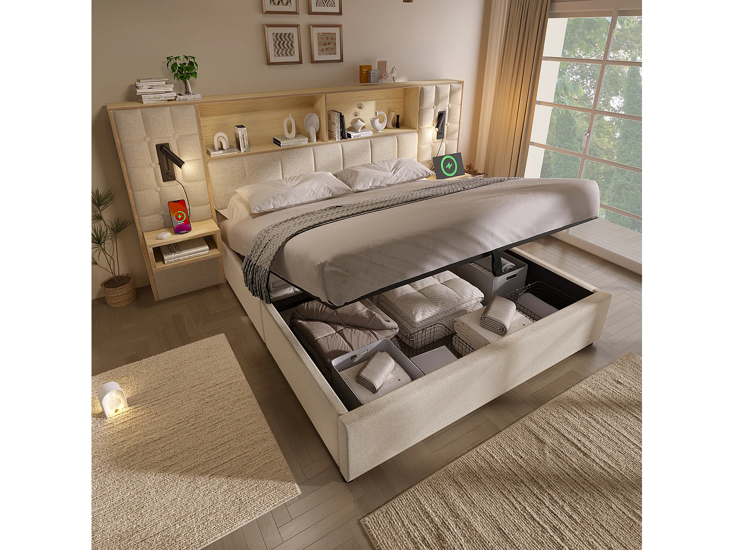 Lit coffre rembourré - 180 x 200 cm - avec Leds + 2 lampes de lecture + 2 tables de chevet + tête de lit de rangement - lin - beige