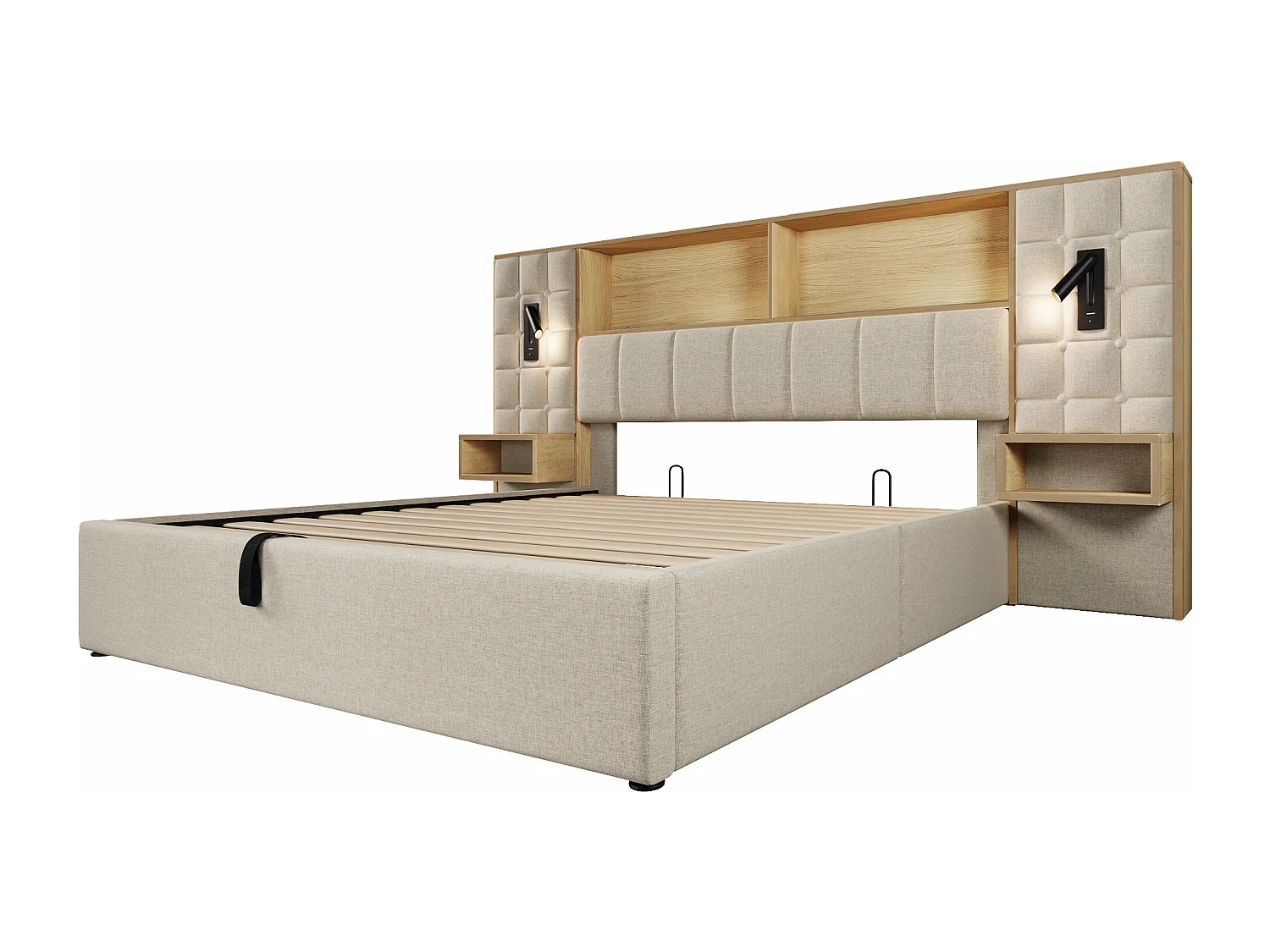 Lit coffre rembourré - 180 x 200 cm - avec Leds + 2 lampes de lecture + 2 tables de chevet + tête de lit de rangement - lin - beige