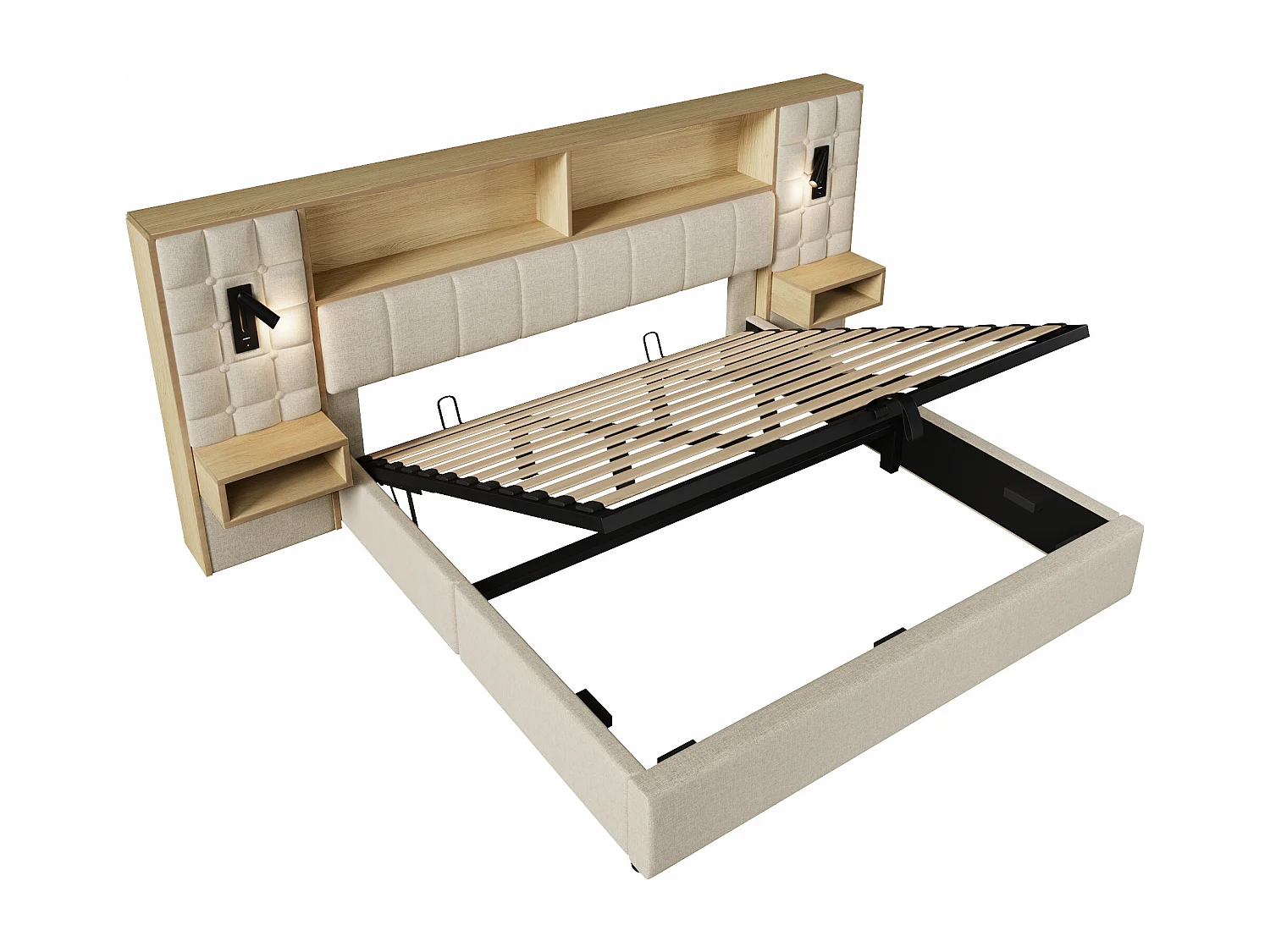 Lit coffre rembourré - 180 x 200 cm - avec Leds + 2 lampes de lecture + 2 tables de chevet + tête de lit de rangement - lin - beige