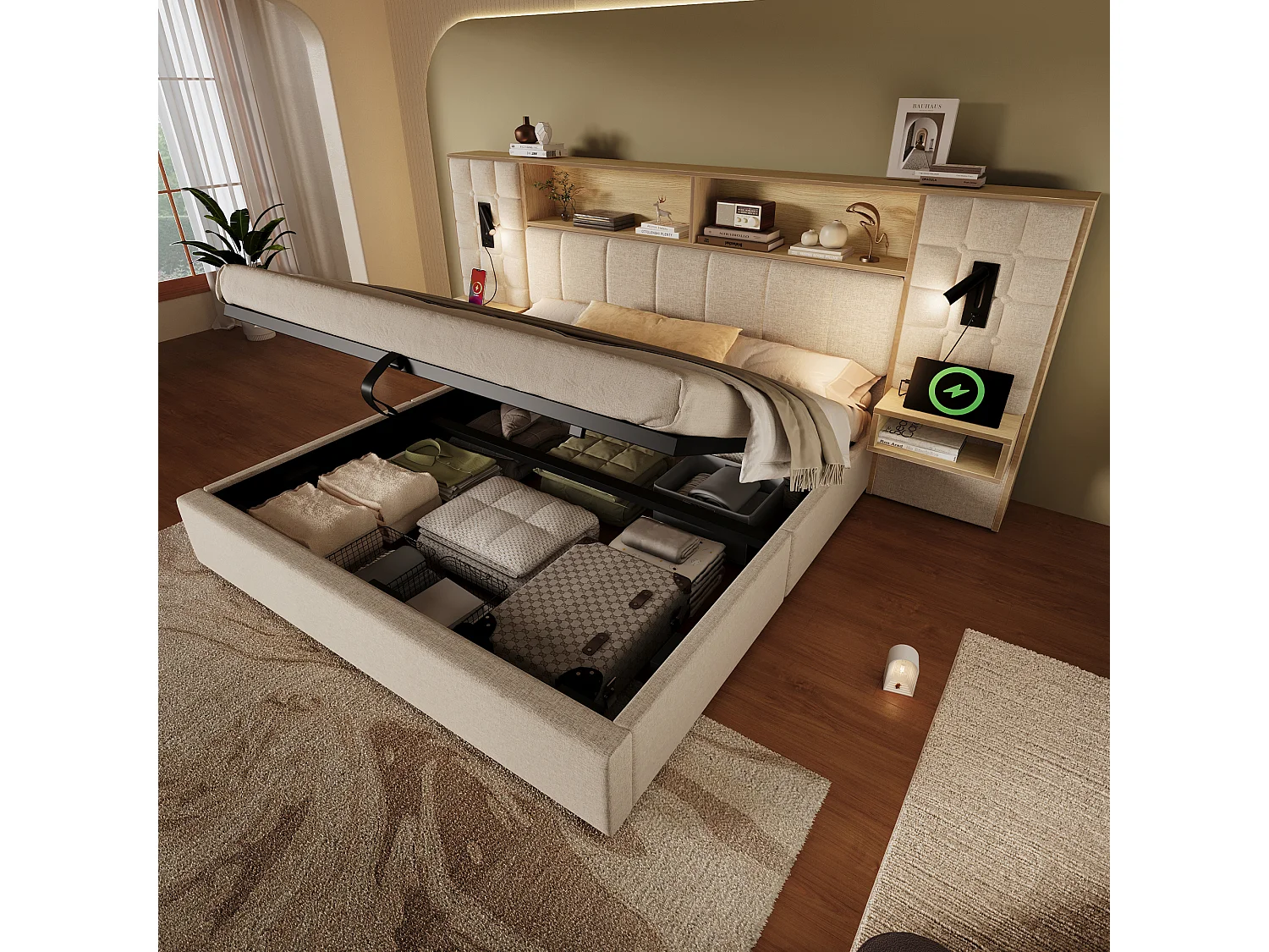 Lit coffre rembourré - 180 x 200 cm - avec Leds + 2 lampes de lecture + 2 tables de chevet + tête de lit de rangement - lin - beige