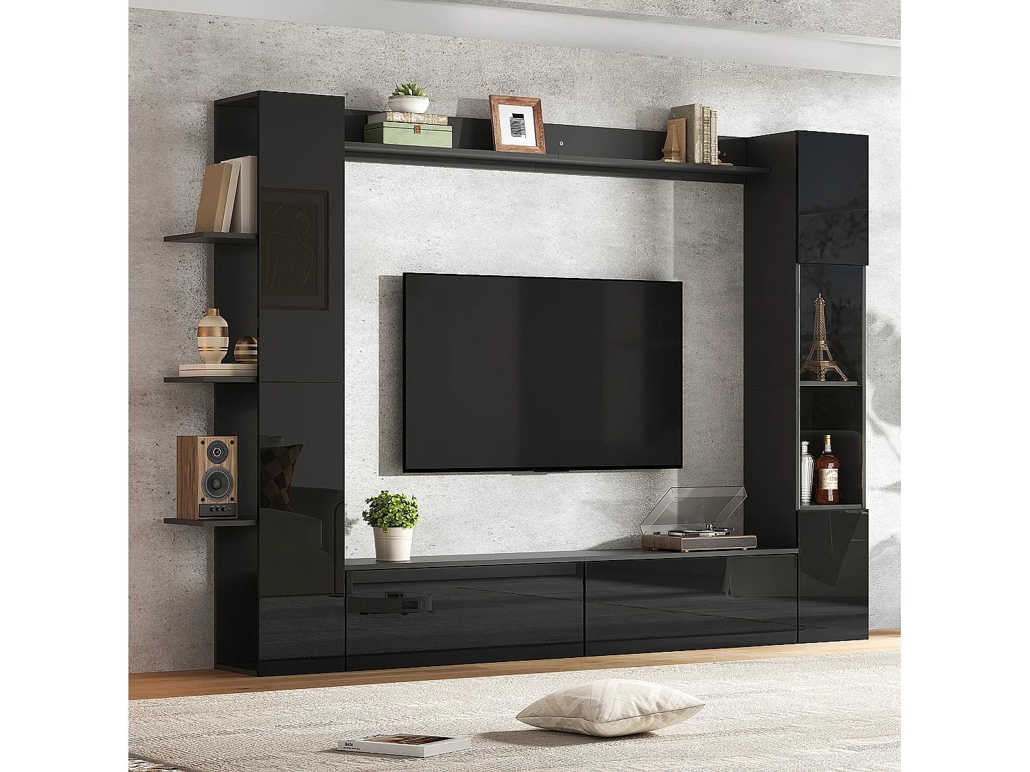 TV-Wandmöbel fürs Wohnzimmer (4-teilig) – 228 x 30 x 170 cm – mit TV-Ständer, Vitrine und Ablagefächern – Spanplatte – schwarz
