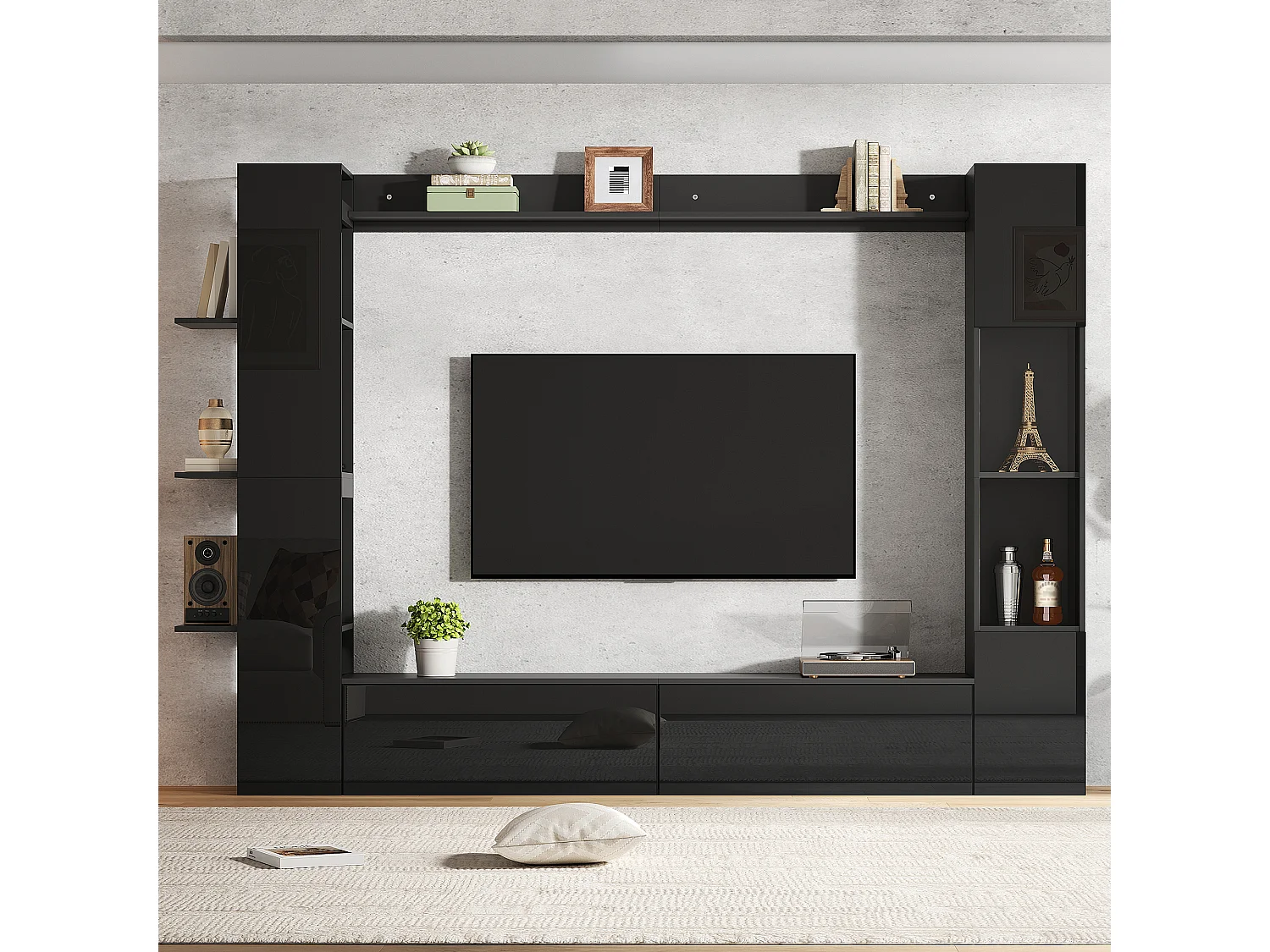 TV-Wandmöbel fürs Wohnzimmer (4-teilig) – 228 x 30 x 170 cm – mit TV-Ständer, Vitrine und Ablagefächern – Spanplatte – schwarz