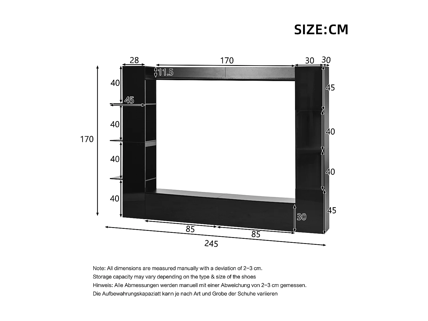 TV-Wandmöbel fürs Wohnzimmer (4-teilig) – 228 x 30 x 170 cm – mit TV-Ständer, Vitrine und Ablagefächern – Spanplatte – schwarz