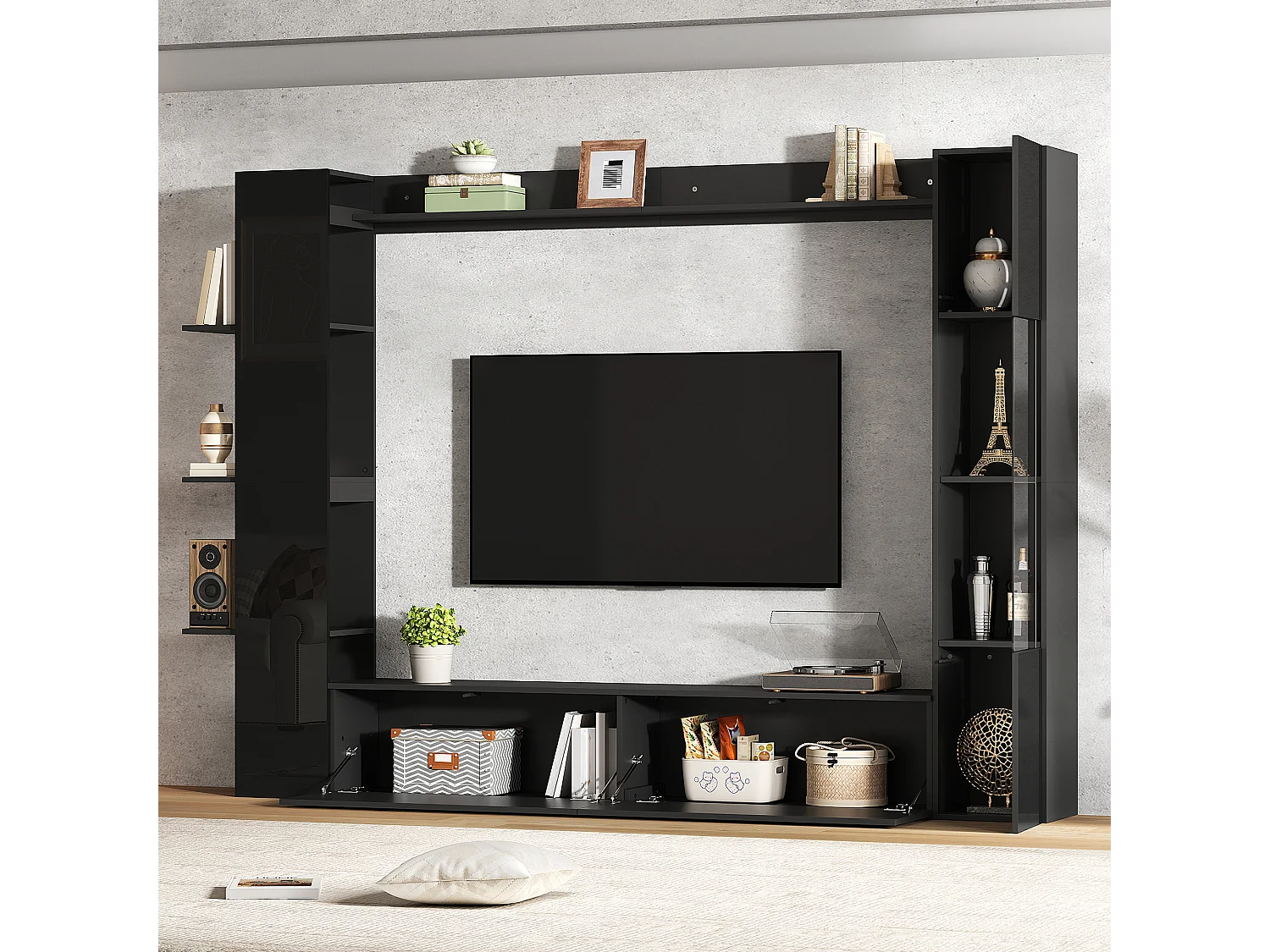 TV-Wandmöbel fürs Wohnzimmer (4-teilig) – 228 x 30 x 170 cm – mit TV-Ständer, Vitrine und Ablagefächern – Spanplatte – schwarz