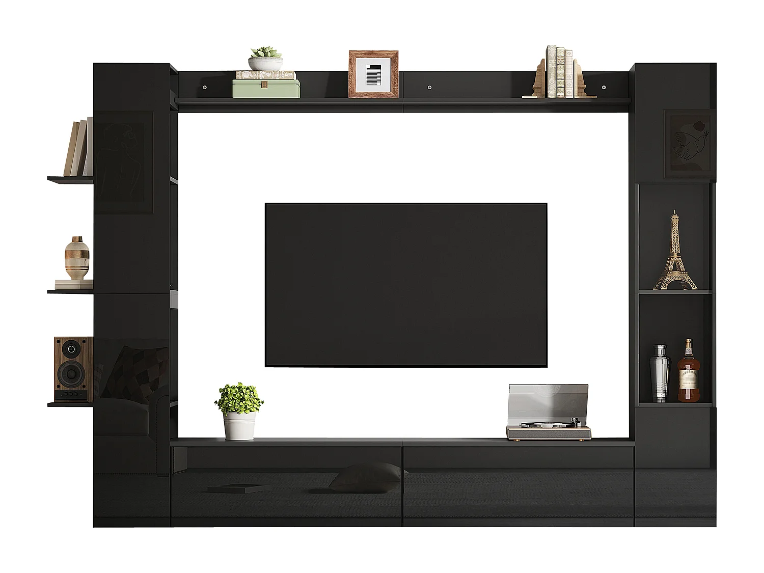TV-Wandmöbel fürs Wohnzimmer (4-teilig) – 228 x 30 x 170 cm – mit TV-Ständer, Vitrine und Ablagefächern – Spanplatte – schwarz