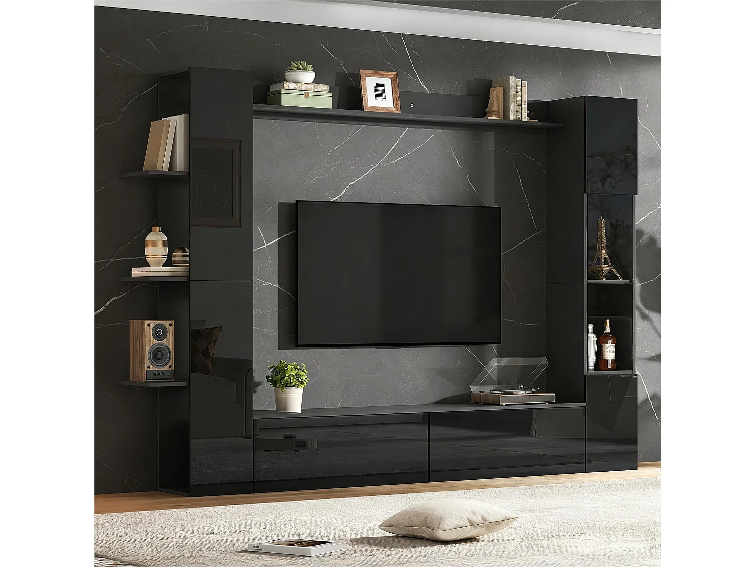 TV-Wandmöbel fürs Wohnzimmer (4-teilig) – 228 x 30 x 170 cm – mit TV-Ständer, Vitrine und Ablagefächern – Spanplatte – schwarz