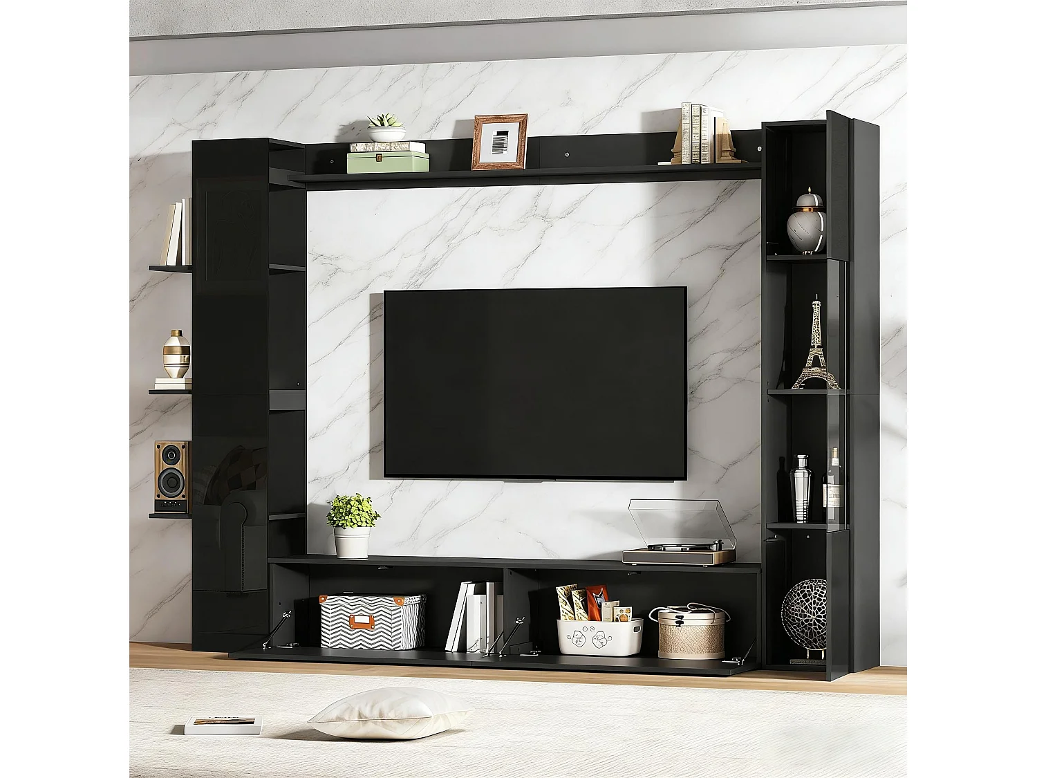 TV-Wandmöbel fürs Wohnzimmer (4-teilig) – 228 x 30 x 170 cm – mit TV-Ständer, Vitrine und Ablagefächern – Spanplatte – schwarz