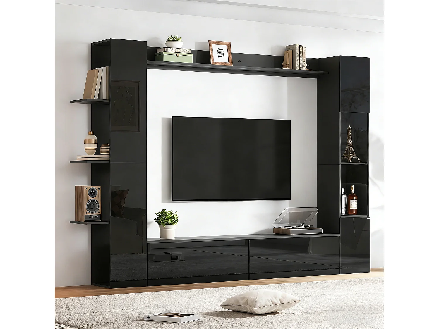 TV-Wandmöbel fürs Wohnzimmer (4-teilig) – 228 x 30 x 170 cm – mit TV-Ständer, Vitrine und Ablagefächern – Spanplatte – schwarz