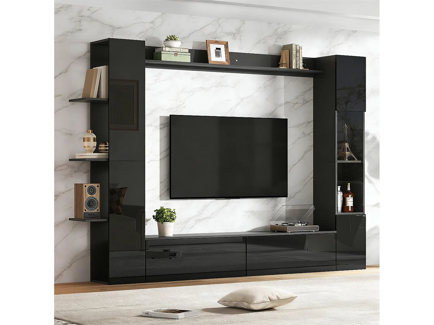 TV-Wandmöbel fürs Wohnzimmer (4-teilig) – 228 x 30 x 170 cm – mit TV-Ständer, Vitrine und Ablagefächern – Spanplatte – schwarz