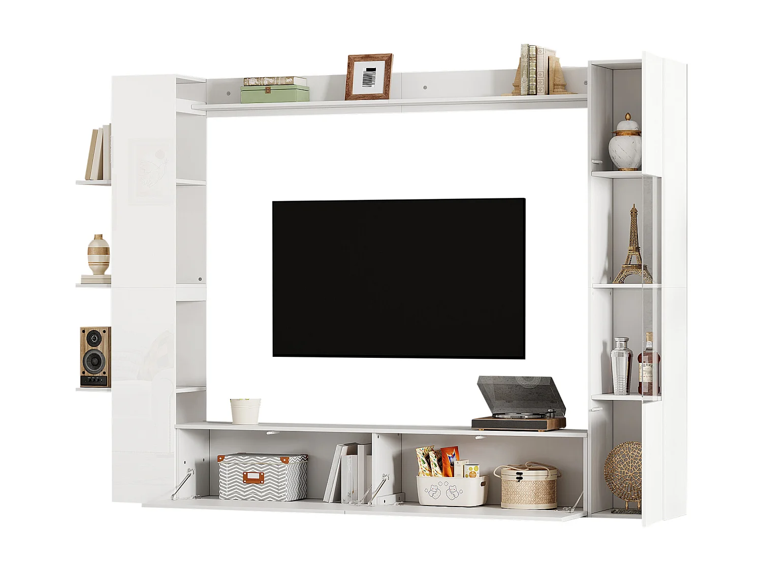 Meuble mural TV de salon(4 pièes) - 228 x 30 x 170 cm - avec meuble TV + vitrine + étagères de rangement - aggloméré - blanc