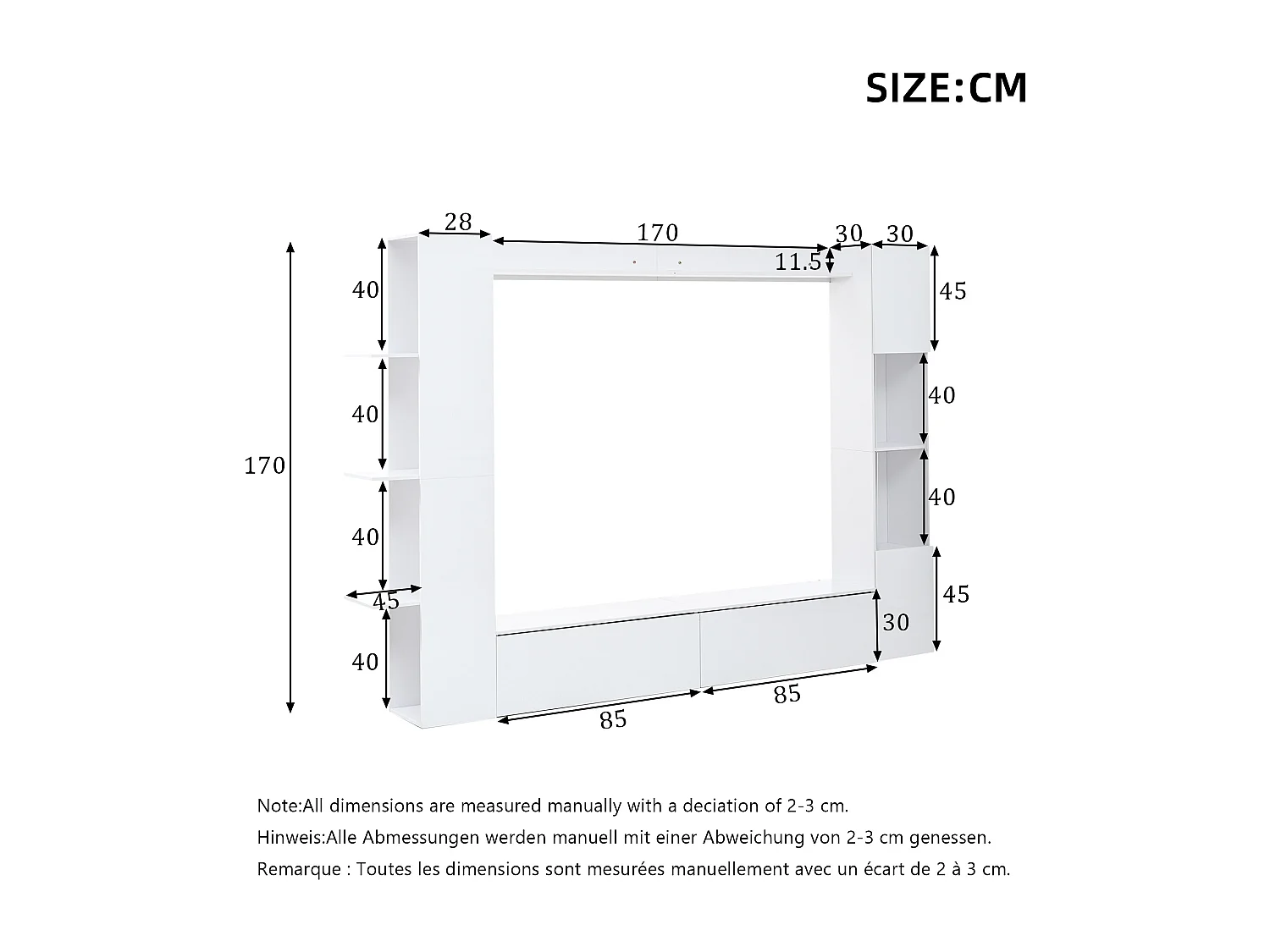 Meuble mural TV de salon(4 pièes) - 228 x 30 x 170 cm - avec meuble TV + vitrine + étagères de rangement - aggloméré - blanc