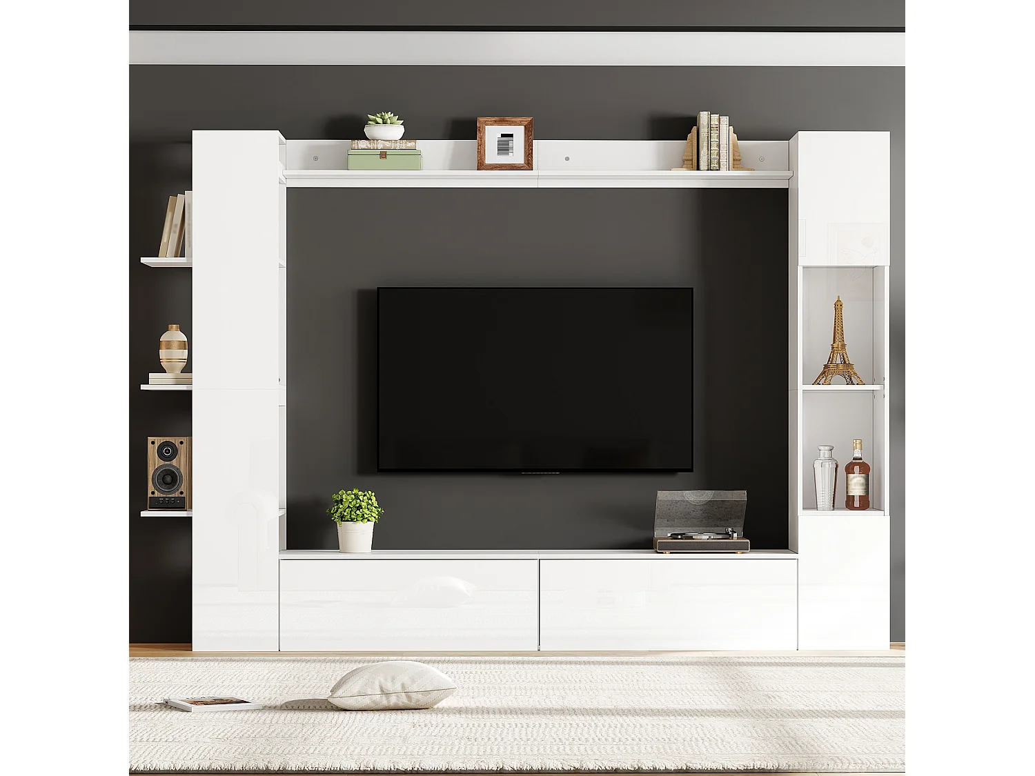 Meuble mural TV de salon(4 pièes) - 228 x 30 x 170 cm - avec meuble TV + vitrine + étagères de rangement - aggloméré - blanc