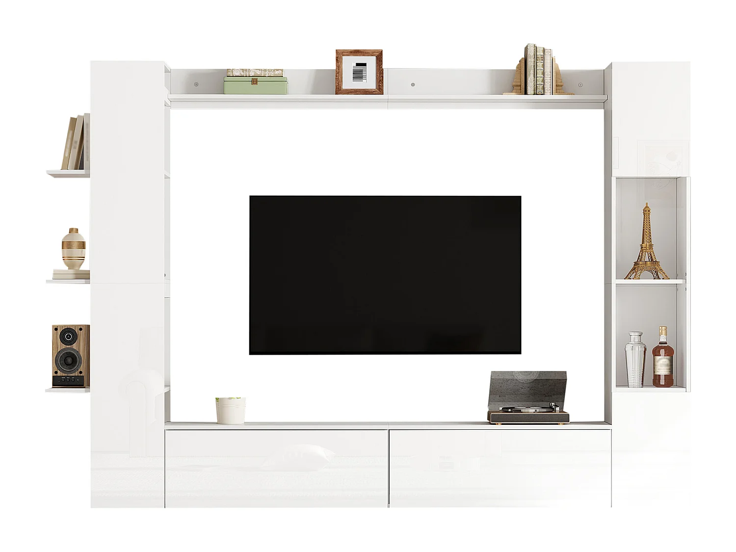 Meuble mural TV de salon(4 pièes) - 228 x 30 x 170 cm - avec meuble TV + vitrine + étagères de rangement - aggloméré - blanc