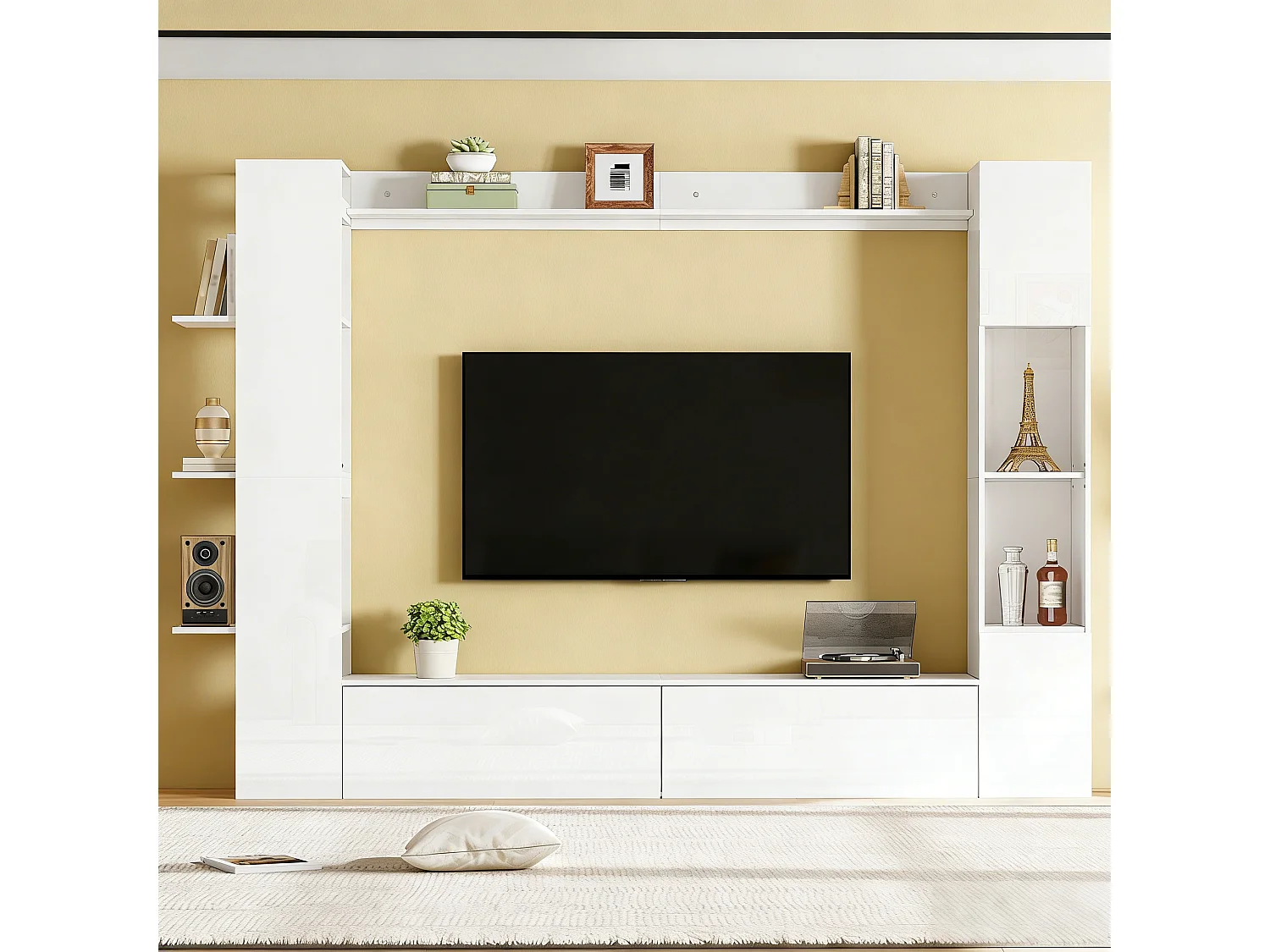Meuble mural TV de salon(4 pièes) - 228 x 30 x 170 cm - avec meuble TV + vitrine + étagères de rangement - aggloméré - blanc