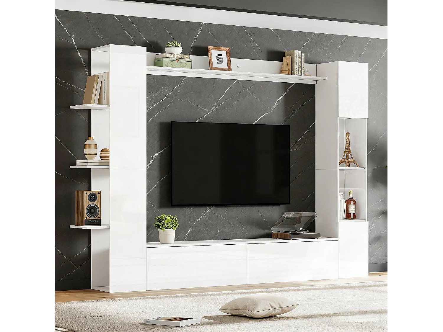 Meuble mural TV de salon(4 pièes) - 228 x 30 x 170 cm - avec meuble TV + vitrine + étagères de rangement - aggloméré - blanc