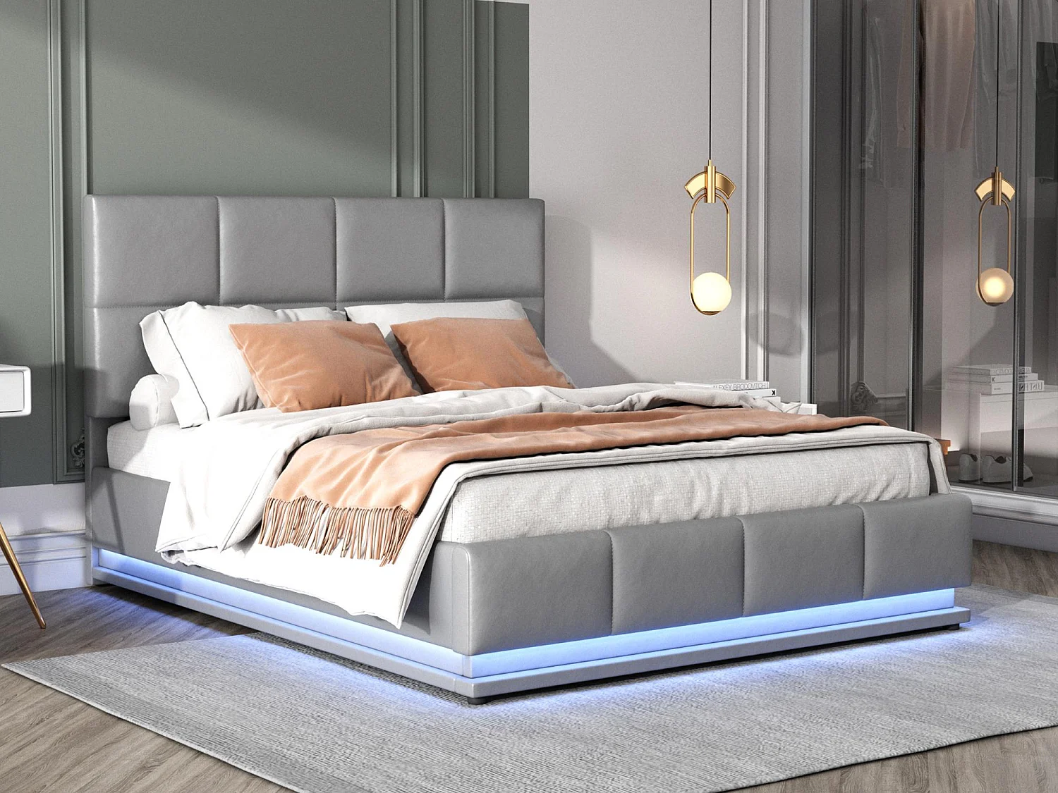 Gepolstertes Stauraumbett 140x200 cm mit LED-Beleuchtung – aus Kunstleder – Grau