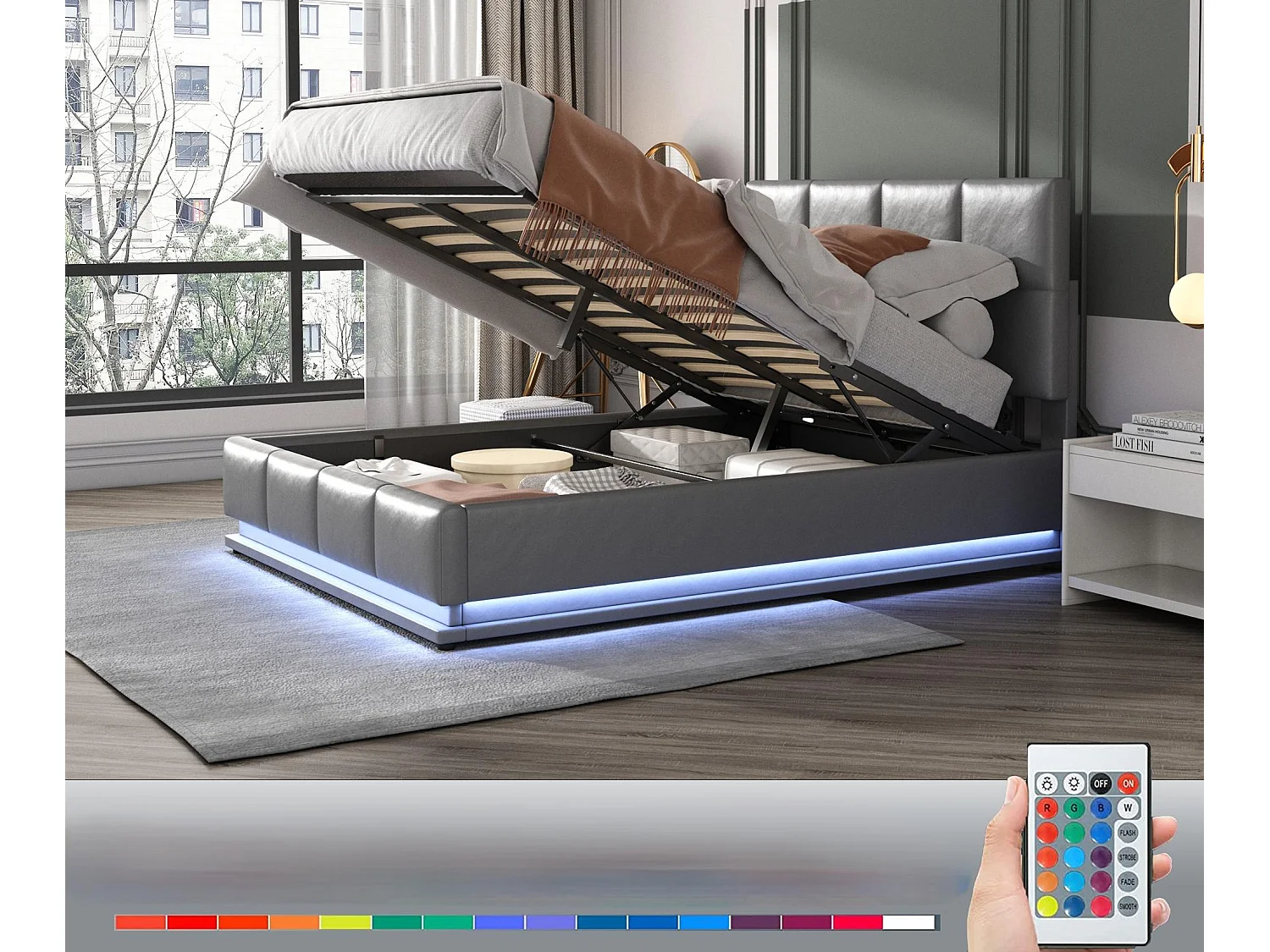 Gepolstertes Stauraumbett 140x200 cm mit LED-Beleuchtung – aus Kunstleder – Grau