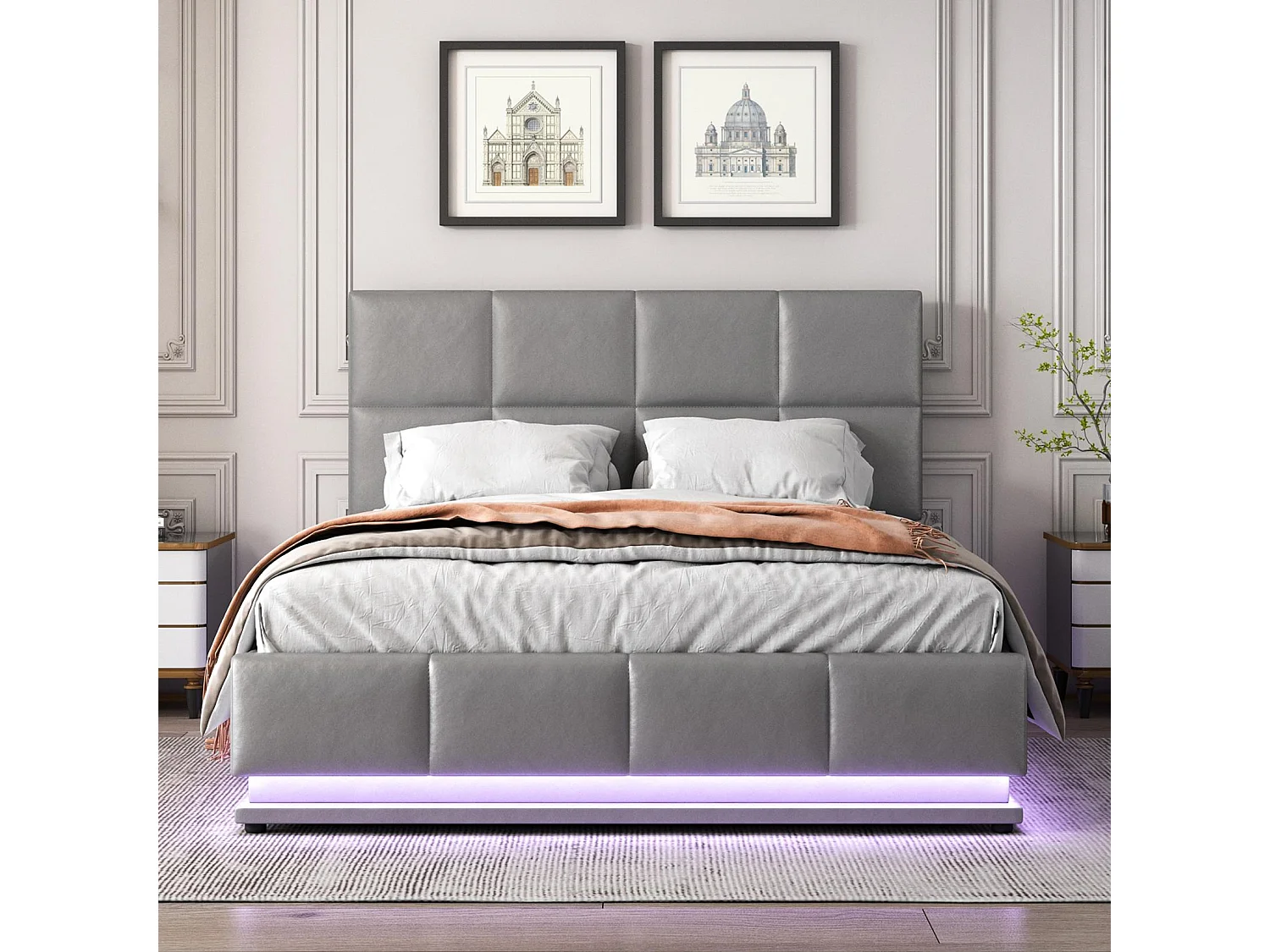 Gepolstertes Stauraumbett 140x200 cm mit LED-Beleuchtung – aus Kunstleder – Grau