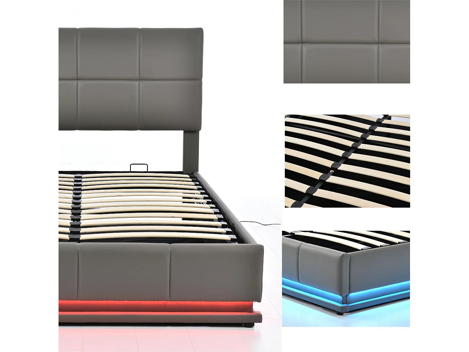 Gepolstertes Stauraumbett 140x200 cm mit LED-Beleuchtung – aus Kunstleder – Grau