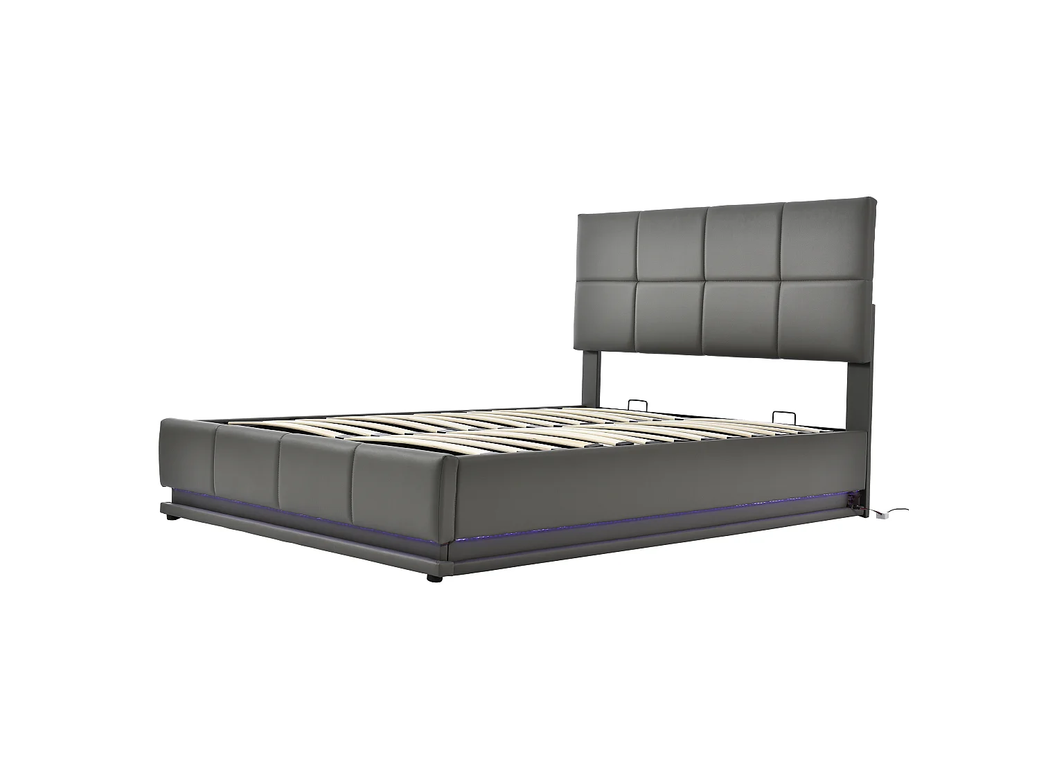 Gepolstertes Stauraumbett 140x200 cm mit LED-Beleuchtung – aus Kunstleder – Grau