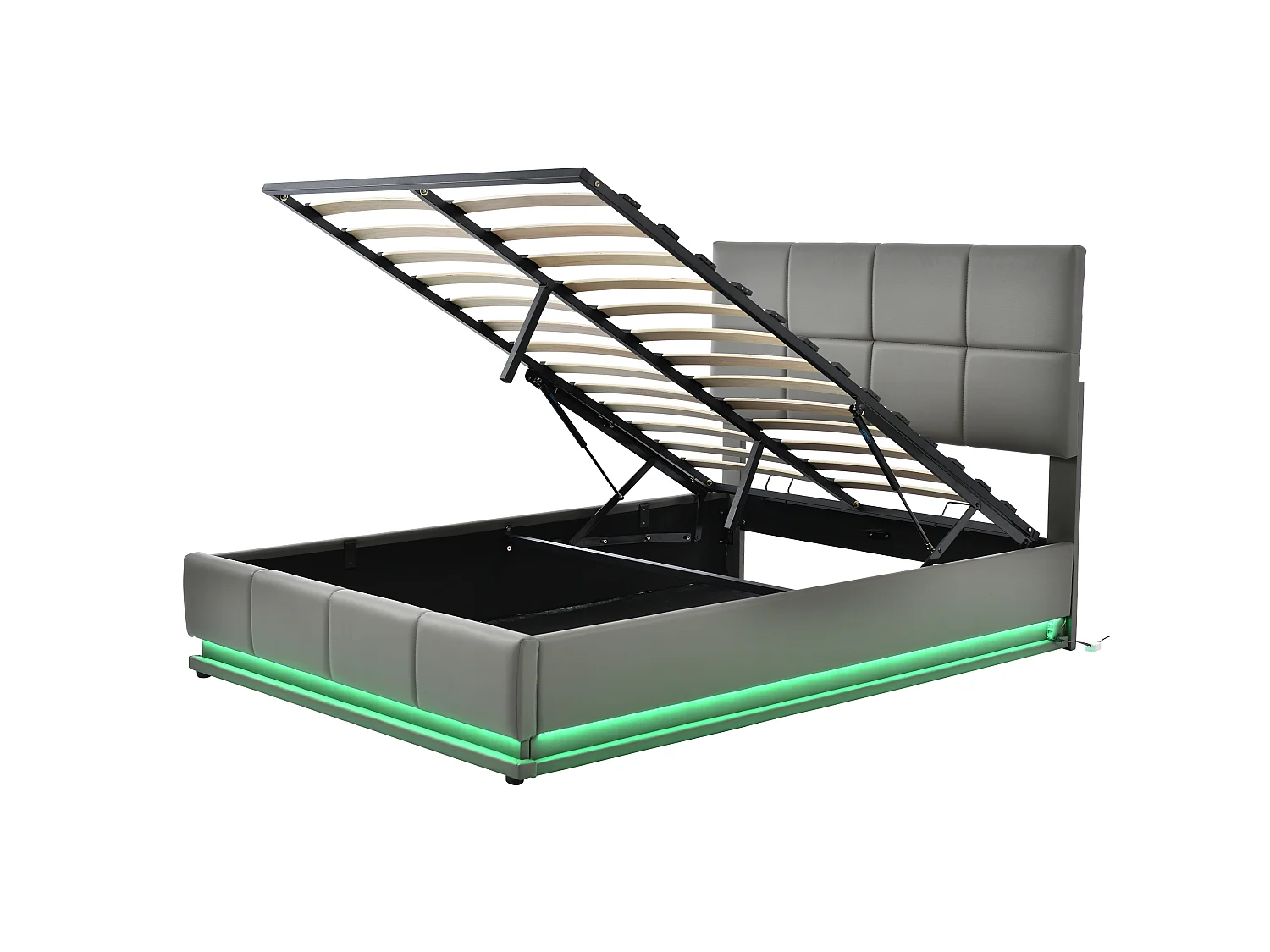 Gepolstertes Stauraumbett 140x200 cm mit LED-Beleuchtung – aus Kunstleder – Grau