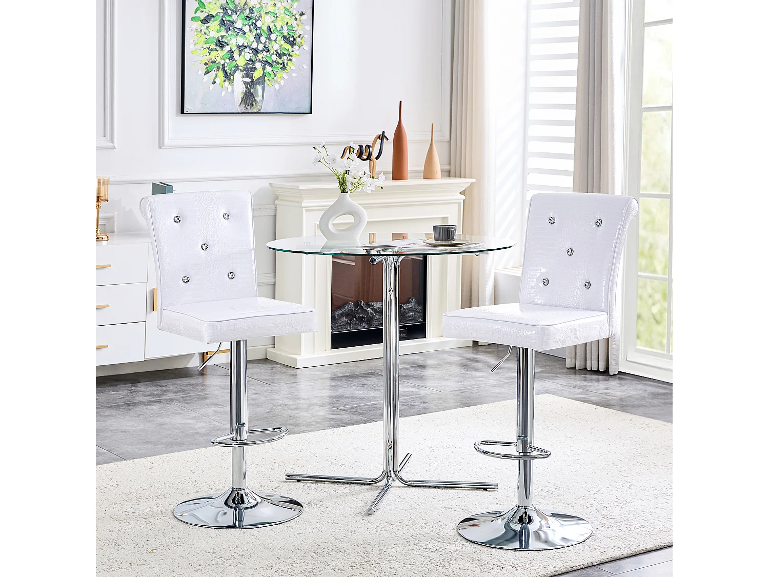 Lot de 2 chaises de bar réglables pivotantes effet crocodile - PVC blanc, pieds argentés