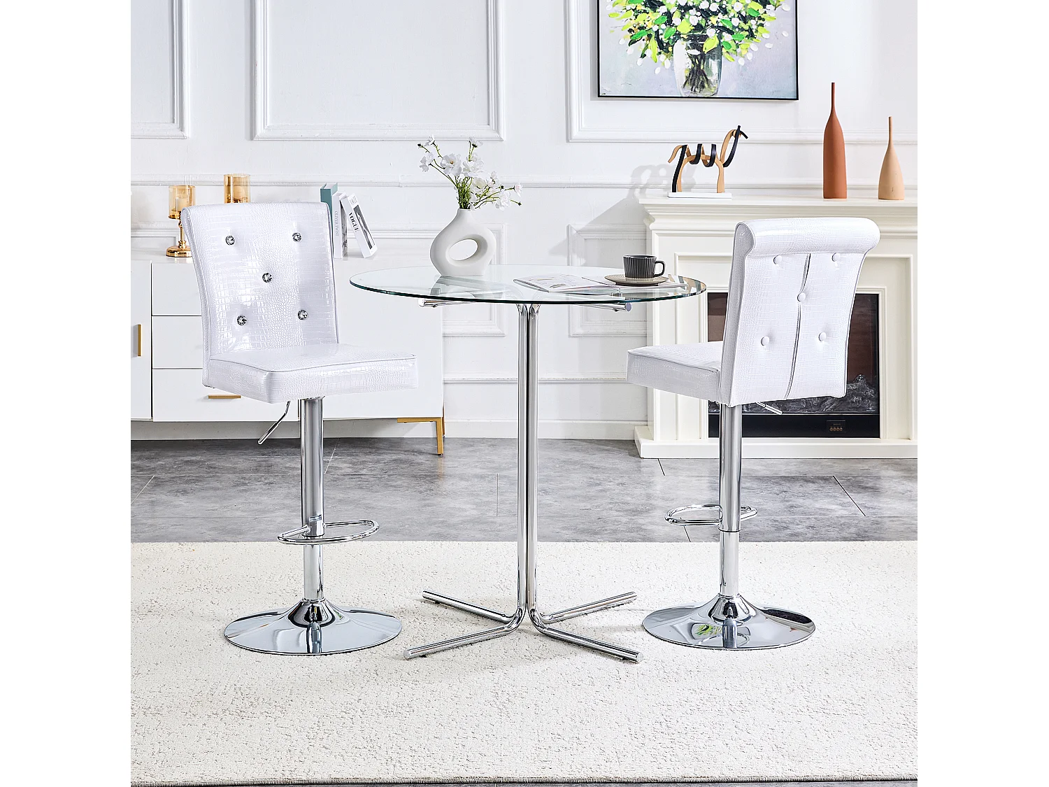 Lot de 2 chaises de bar réglables pivotantes effet crocodile - PVC blanc, pieds argentés