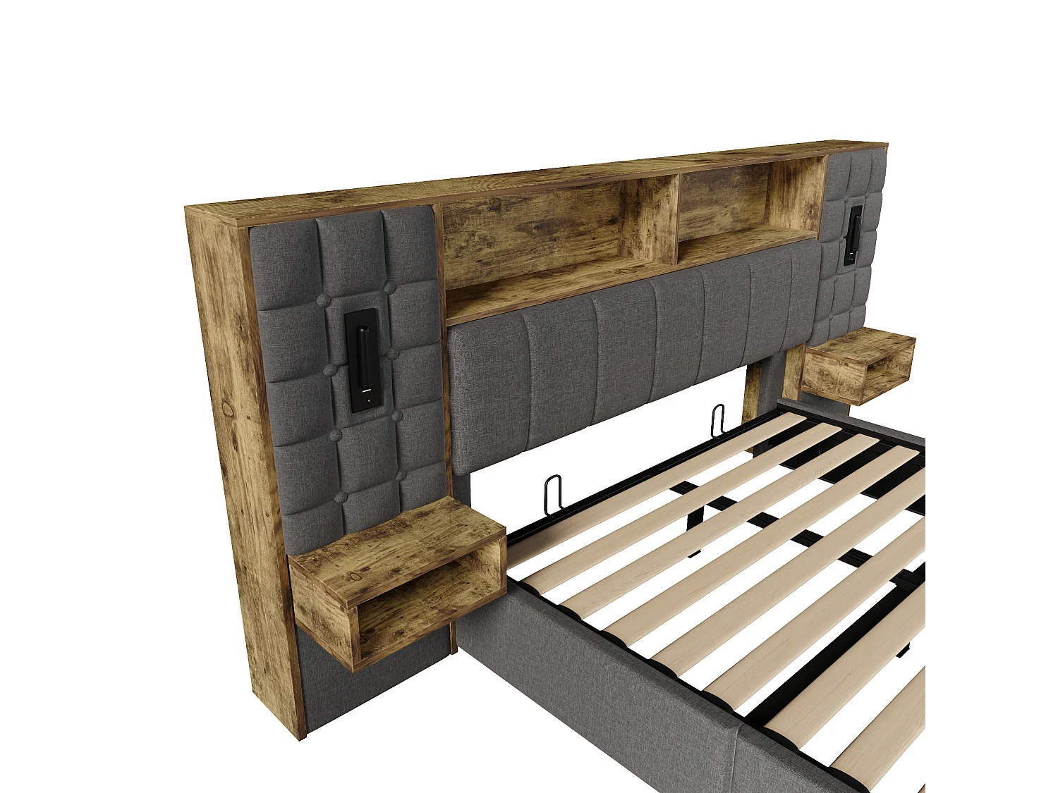 Lit coffre rembourré - 160 x 200 cm - avec Leds + 2 lampes de lecture + 2 tables de chevet + tête de lit de rangement - lin - gris