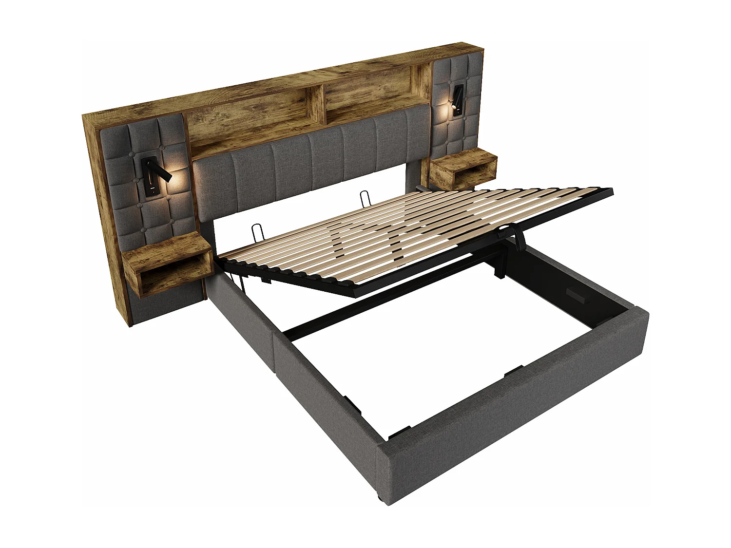 Lit coffre rembourré - 160 x 200 cm - avec Leds + 2 lampes de lecture + 2 tables de chevet + tête de lit de rangement - lin - gris