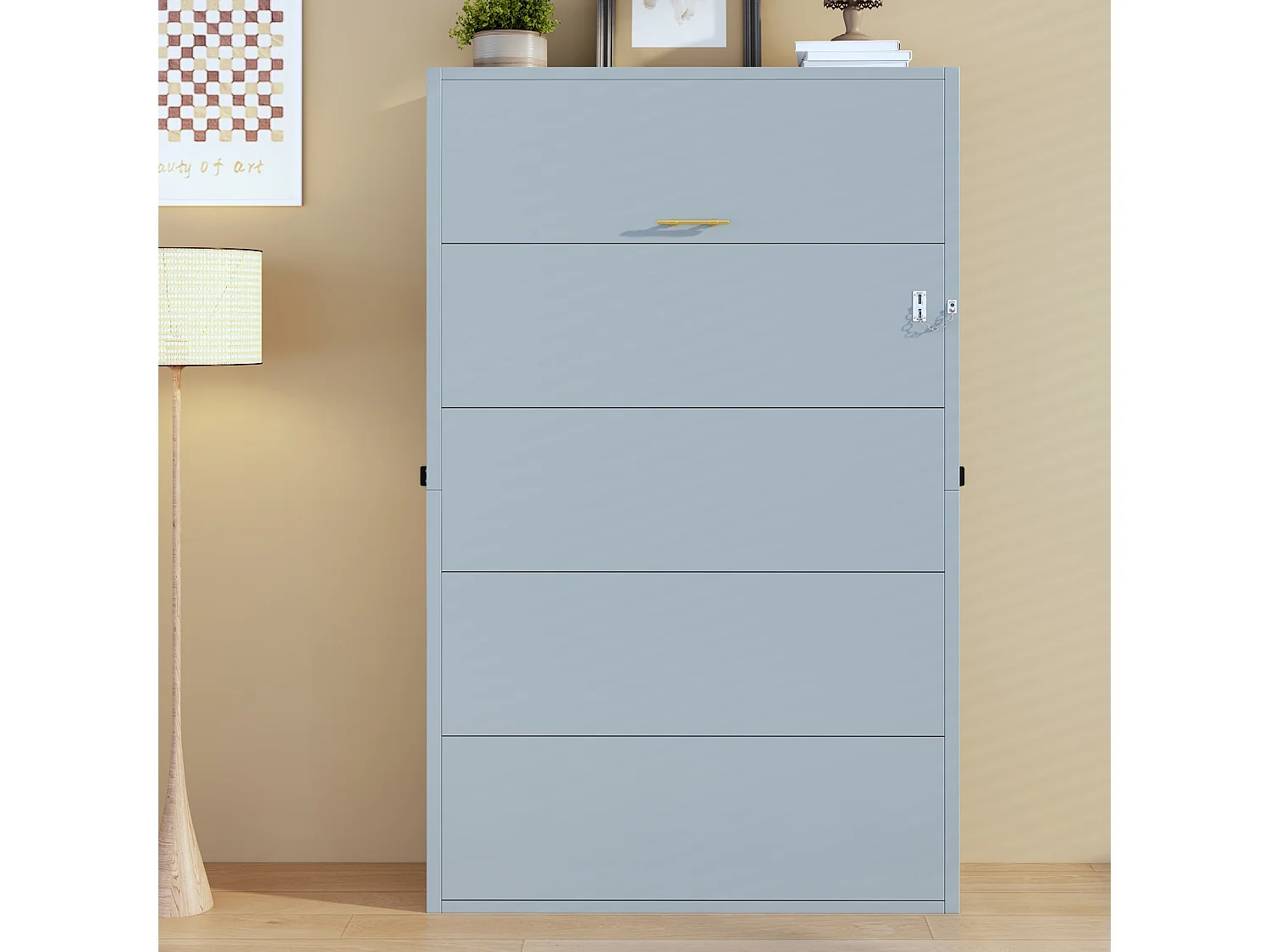 Lit escamotable 90x200cm - Cadre en métal + panneau en bois - Avec fixation murale verrouillable - Gris (Matelas non inclus)