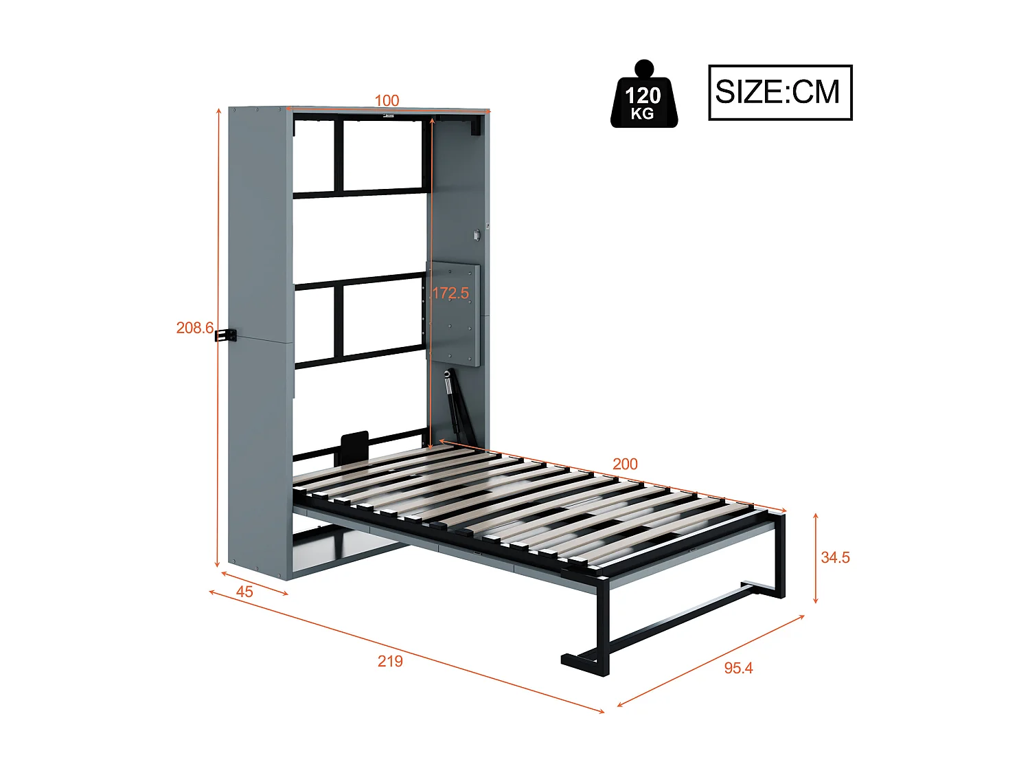 Lit escamotable 90x200cm - Cadre en métal + panneau en bois - Avec fixation murale verrouillable - Gris (Matelas non inclus)