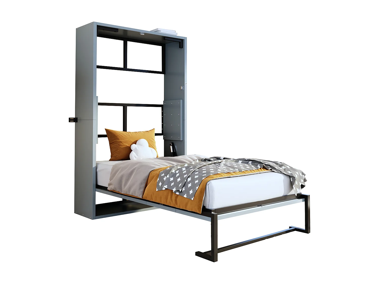Lit escamotable 90x200cm - Cadre en métal + panneau en bois - Avec fixation murale verrouillable - Gris (Matelas non inclus)