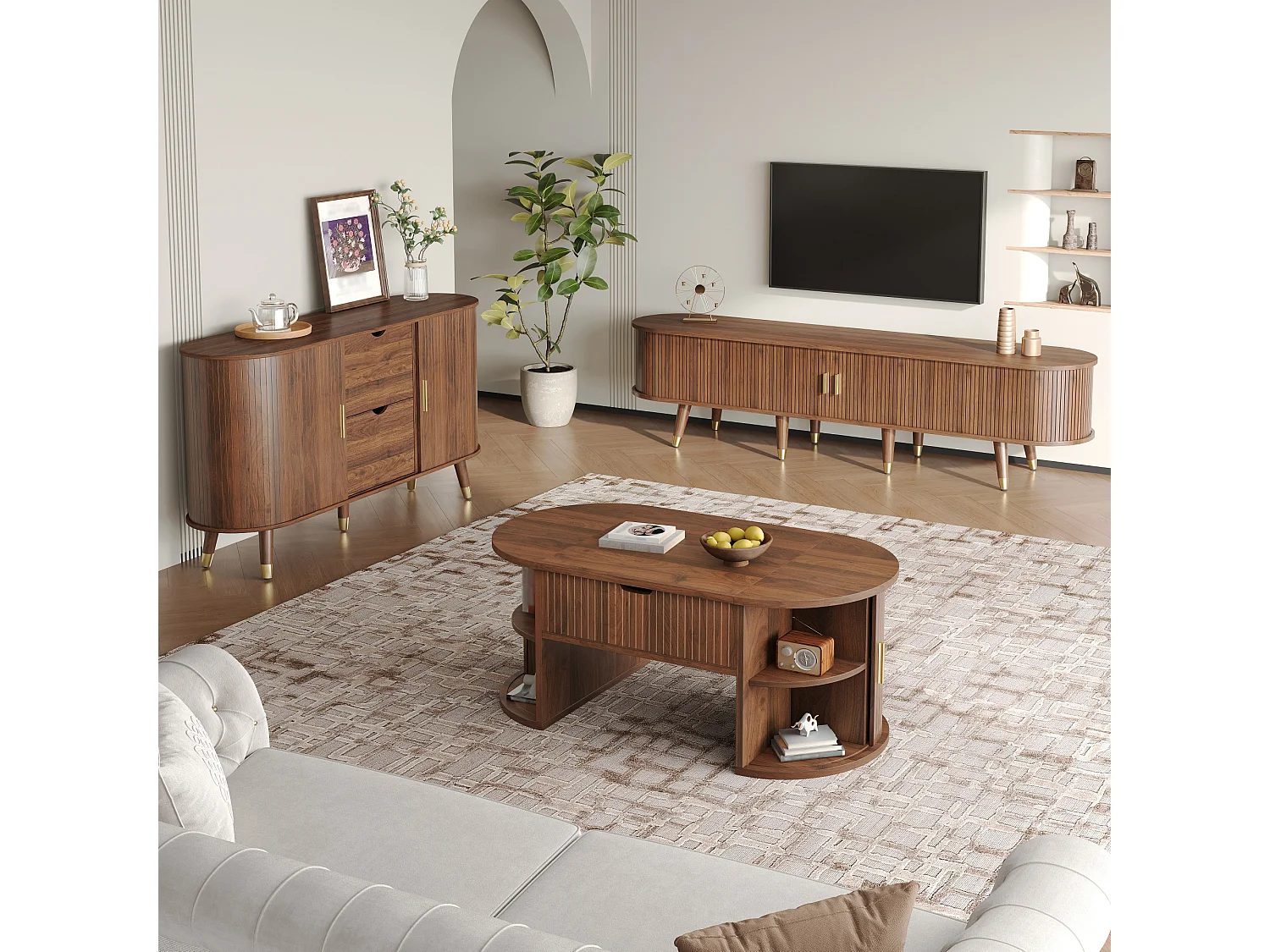 Conjunto de muebles de salón de 3 piezas: mesa de centro elevable + mueble para TV + aparador - con puertas y cajones - MDF - marrón