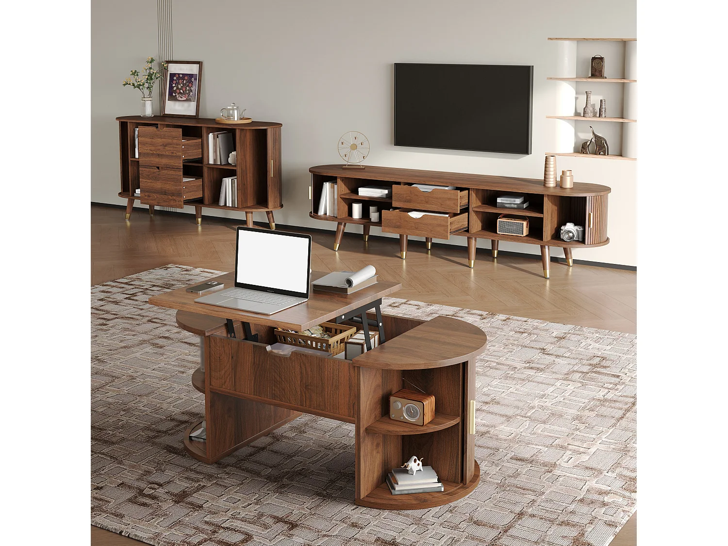 Conjunto de muebles de salón de 3 piezas: mesa de centro elevable + mueble para TV + aparador - con puertas y cajones - MDF - marrón