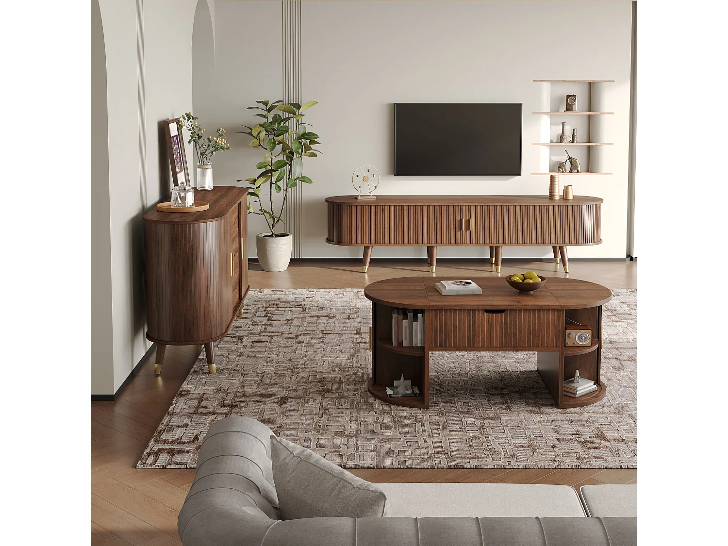 Conjunto de muebles de salón de 3 piezas: mesa de centro elevable + mueble para TV + aparador - con puertas y cajones - MDF - marrón