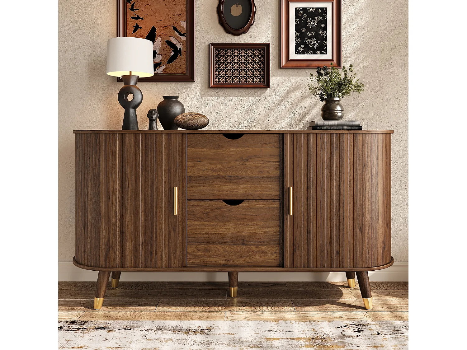 Conjunto de muebles de salón de 3 piezas: mesa de centro elevable + mueble para TV + aparador - con puertas y cajones - MDF - marrón