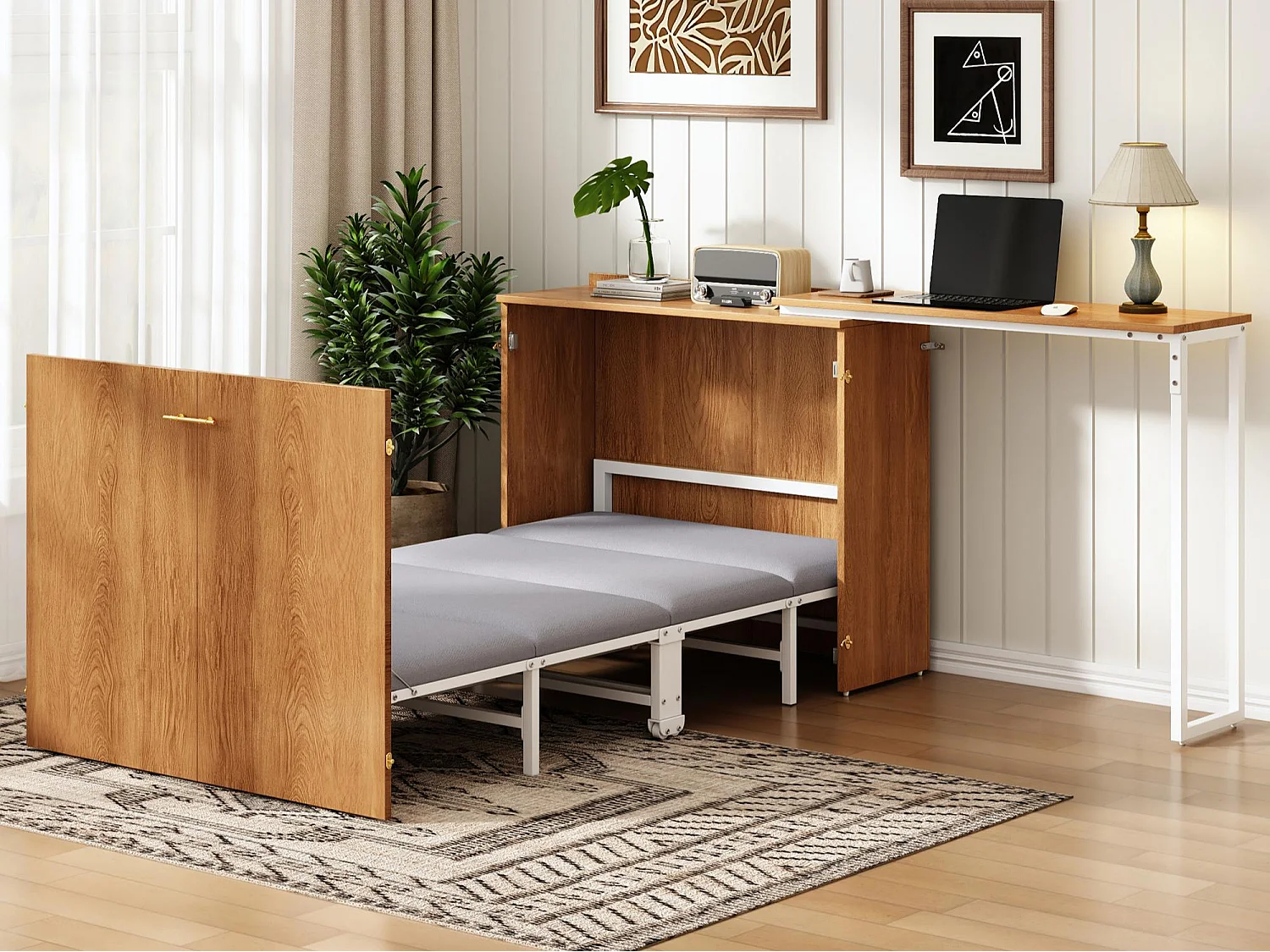 Lit pliant 90x200 cm – Avec bureau pivotant – Naturel